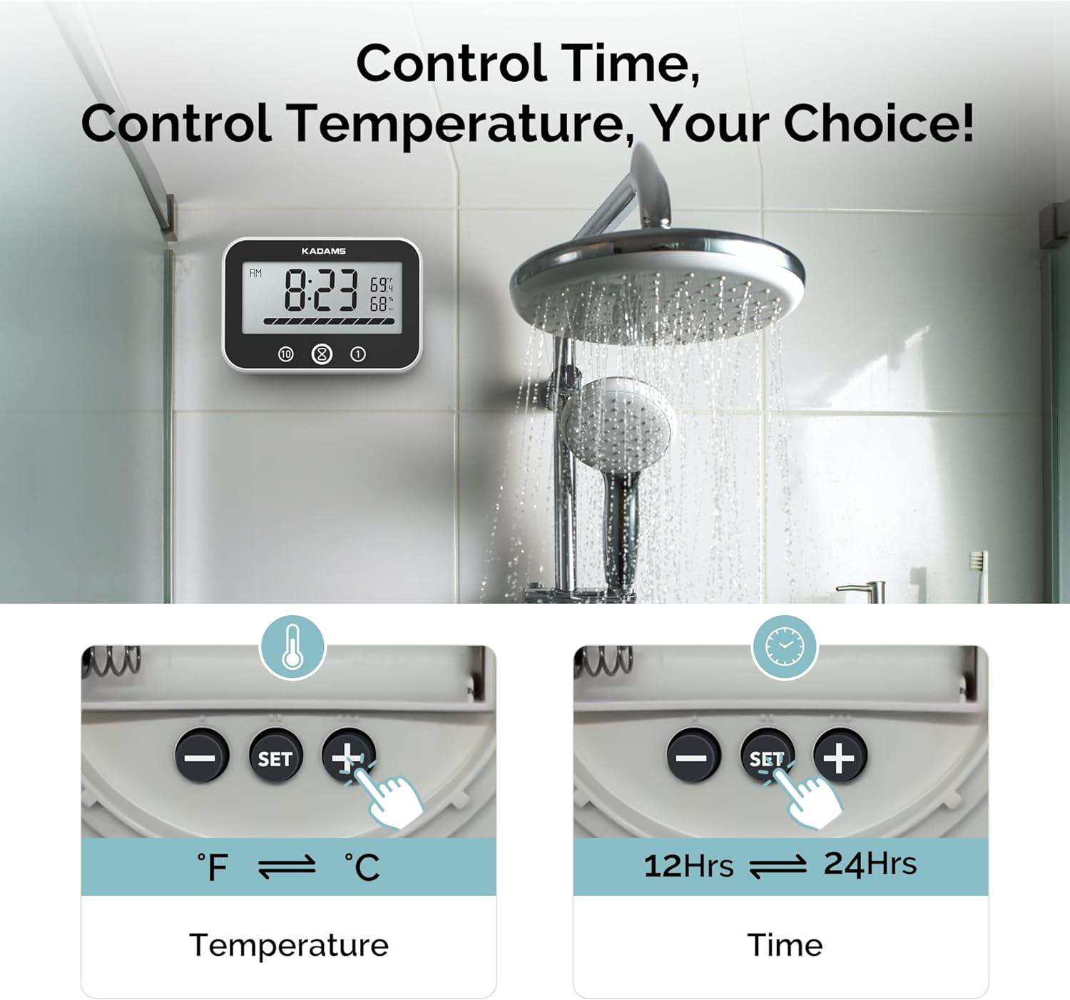 KADAMS Timer Digital Kitchen Timer Clock for Cooking Classroom Kids Bathroom Shower Countdown Count up Productivity Timer, Waterproof with LCD Display Progress Bar Hanging Suction Cup (Black) image number 3