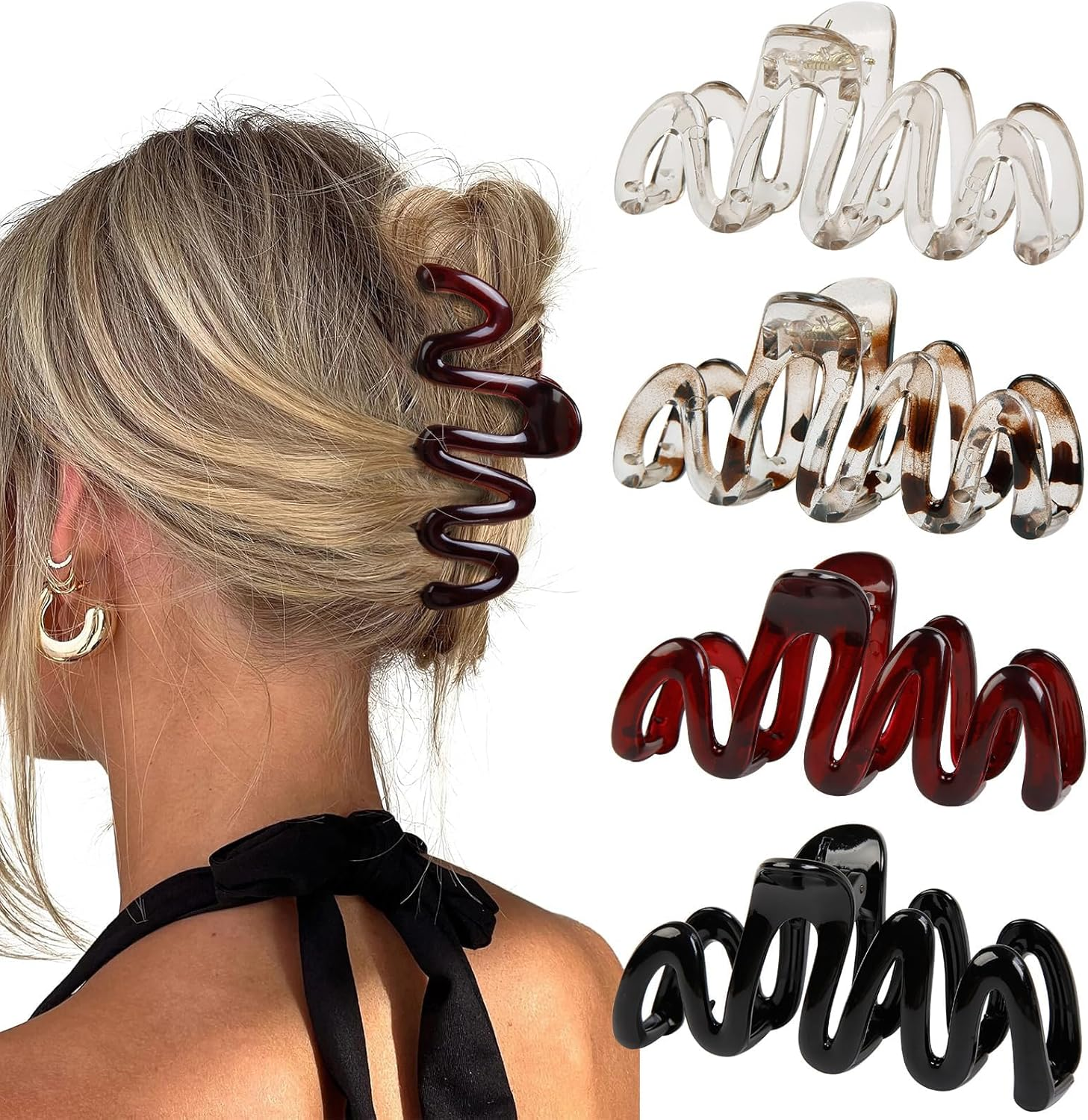 Calkkrer Pack of 4 Wave Hair Clips for Women, Large Duck Beak Hair Clips, Flat and Non-Slip, Hair Accessories for Thick Hair, Cute Hair Clips image number 5