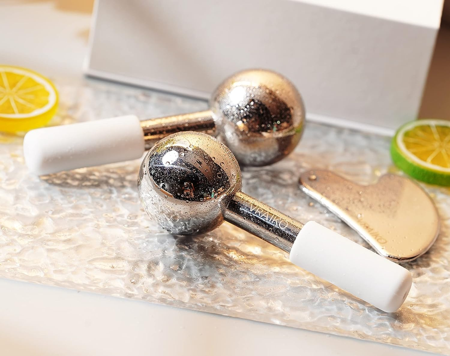 VRAIKO ICES Globes for Facials & Gua Sha Set, Gua Sha Facial Tools and Cryo Sticks with Unbreakable Steel for Face, Face Massager Cooling Rollers for Dark Circles, Puffiness and Lymphatic Drainage (WHITE)