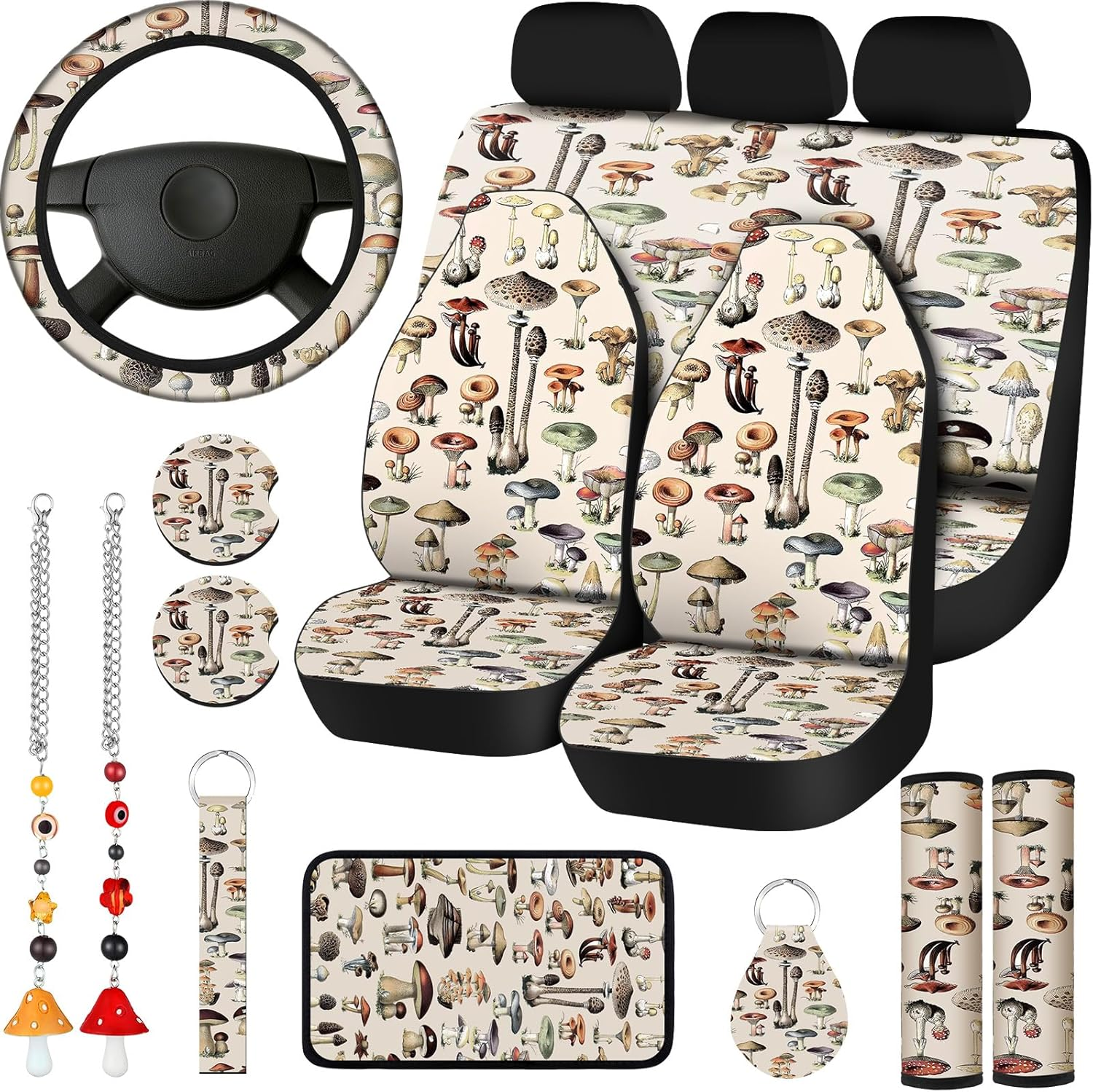 Riakrum 17 Pcs Mushroom Car Seat Covers Mushroom Car Accessories Full Set for Women Men Automotive Rear Front Seat Protector View Mirror Hanging Ornament Steering Wheel Belt (Cute Retro Mushroom)