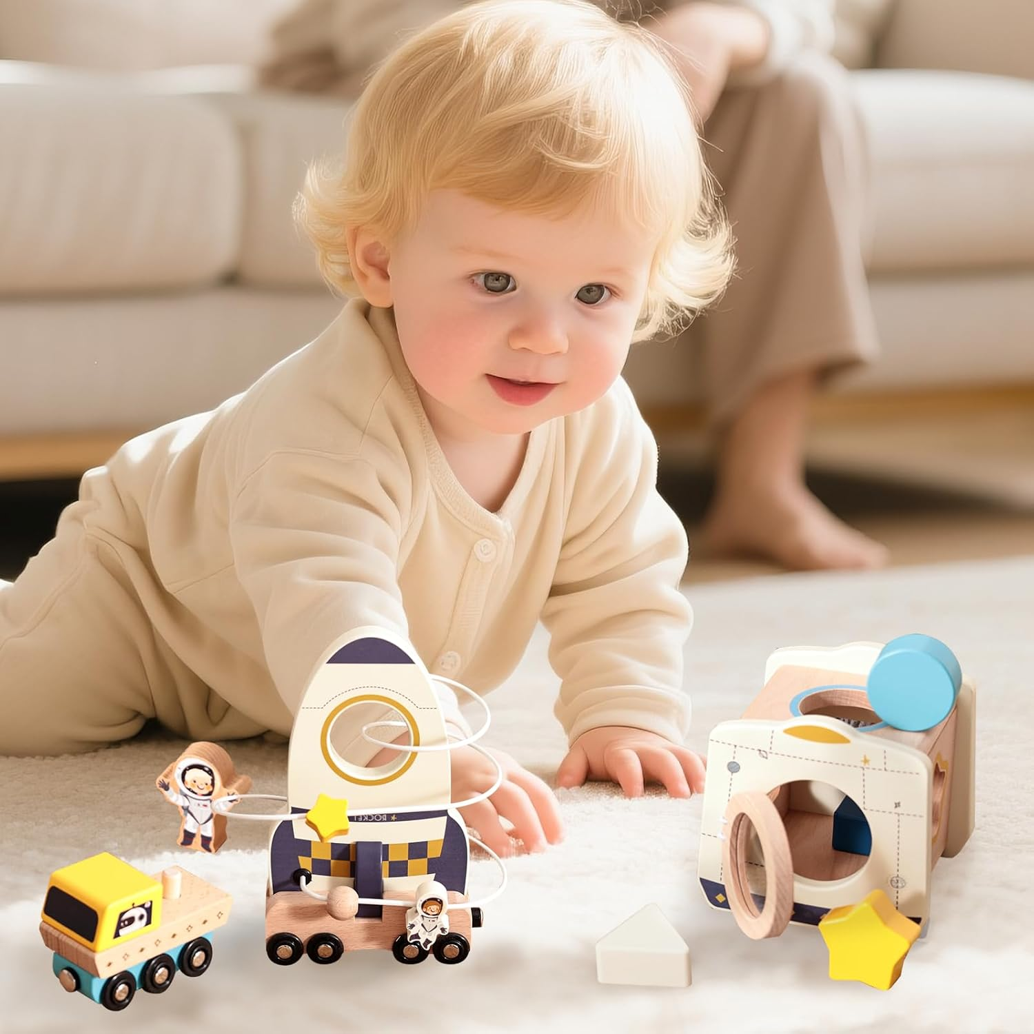 Rocket Space Toys Montessori Toys for Toddlers 1 2 3 Year Old Boy and Girl Baptism Birthday Gift Baby Toys with Shape Sorter Stacking image number 4