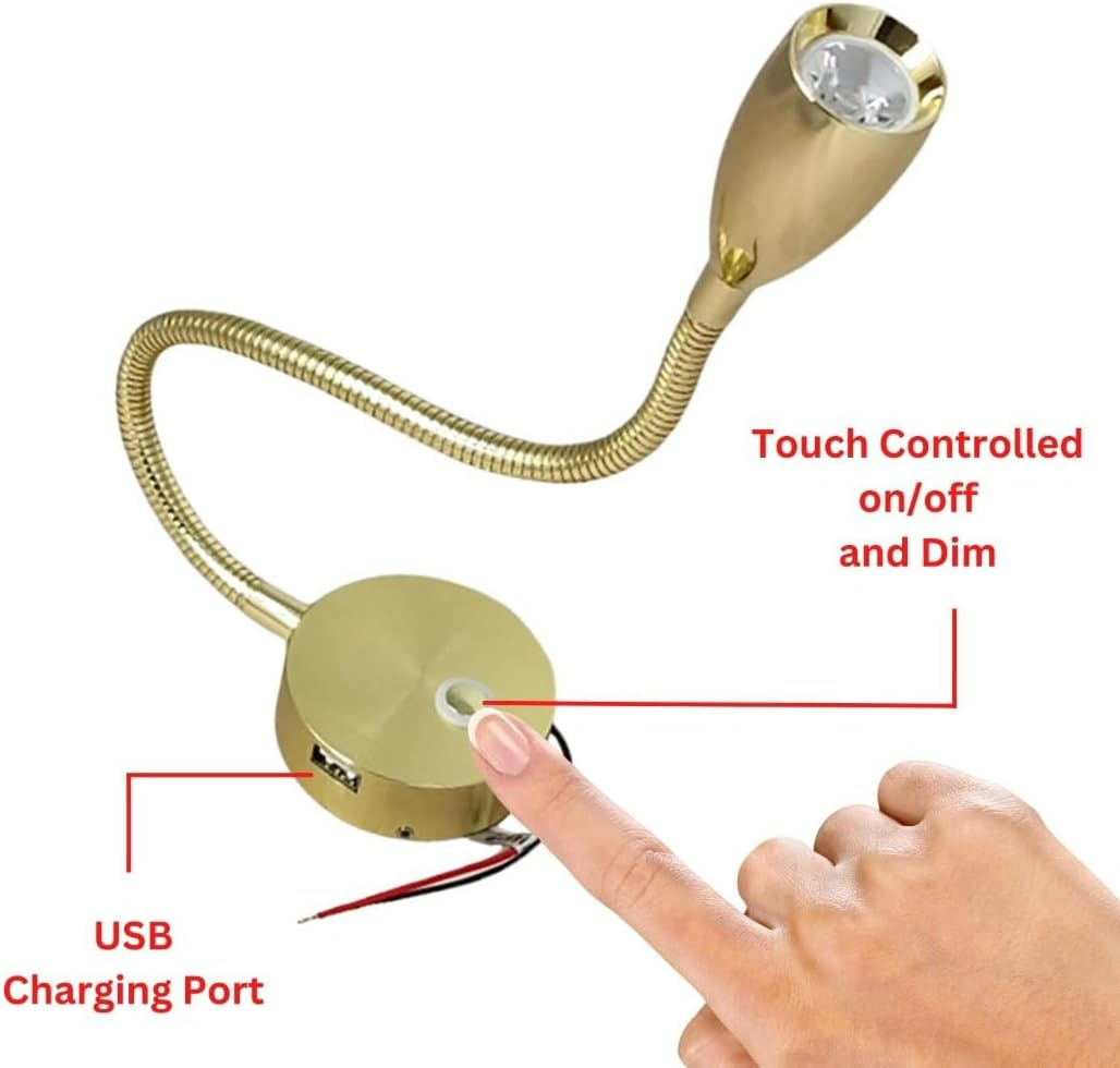 MARVIX LED Flexible Gooseneck Reading Light 12V 24V Spotlight Touch Switch Dimmable USB Charging Port Map Lamp for Motorhome Campervan Boat image number 2