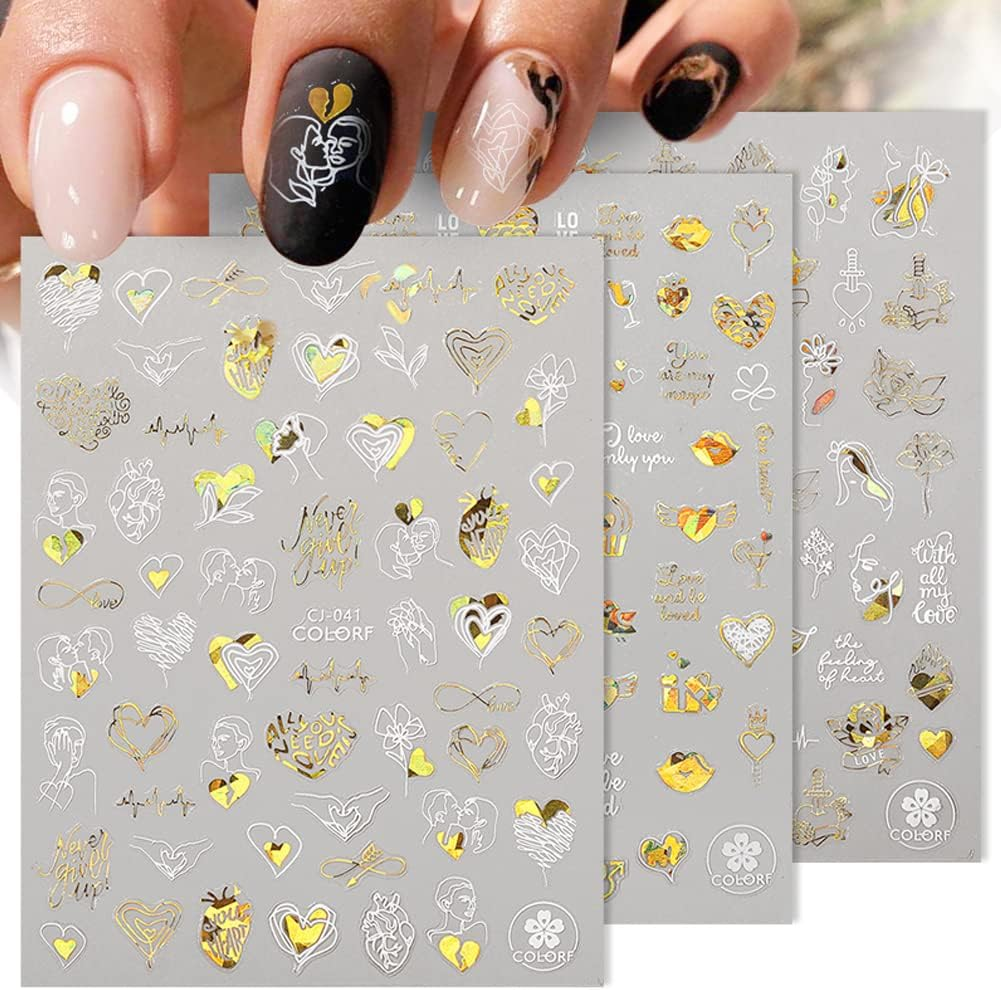 9 Sheets Valentines Day Nail Art Stickers 3D Metallic Black Gold Valentine'S Day Nail Decals Metal Abstract Nail Stickers Love Heart Kiss Rose Lips Designs for Valentines Nail Art Decorations image number 6