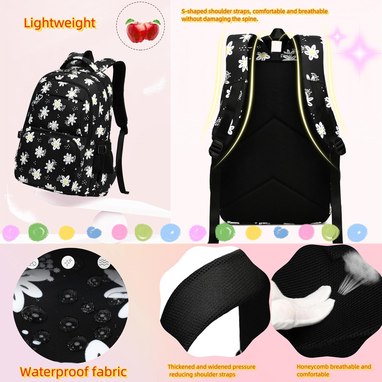 ZHANAO Flower Girls Backpack Set for Middle School Students School Bag for Girls Bag with Lunch Box 3Pcs Bookbag Set