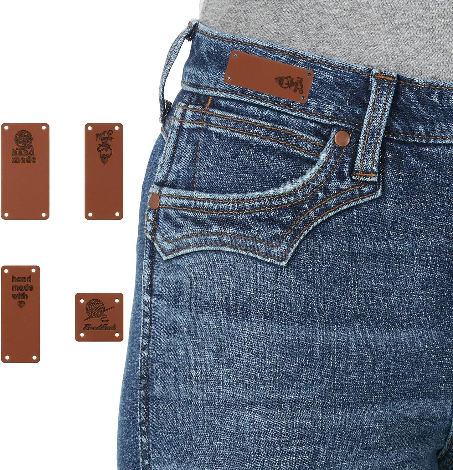 120Pcs Handmade Leather Labels, Funcyboo Handmade Labels Tags PU Leather Label Tags Handmade Embossed Tags with Holes for DIY Crafts Clothing Handmade Knitting (4 Patterns)