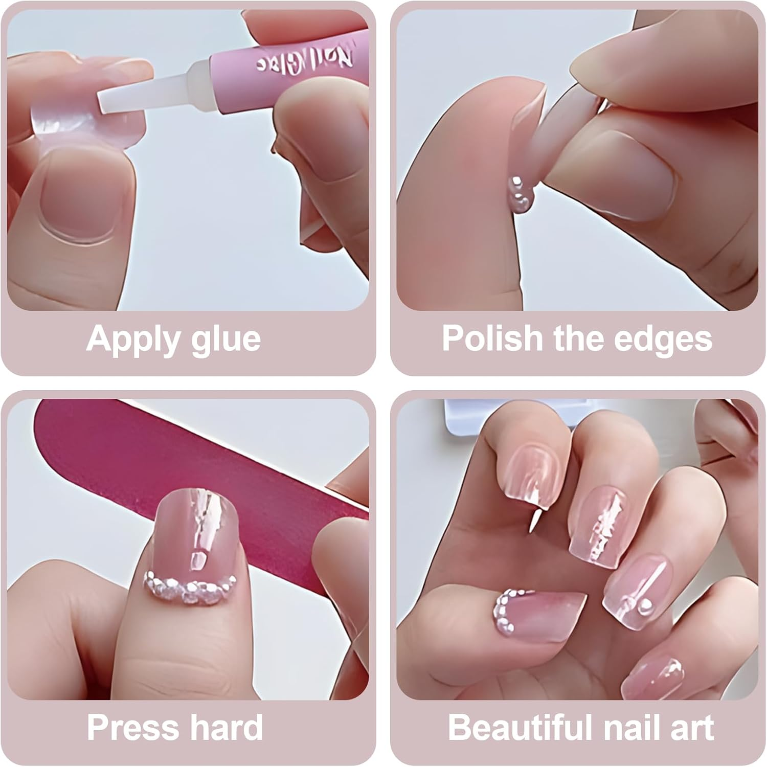 Mrltau 24 Pieces Spring Press on Nails Short, Skin Colour Pink Fingernails for Sticking, 3D Flower Beads Jewellery Fake Nails, French Lace Full Cover Artificial Nails Short image number 4