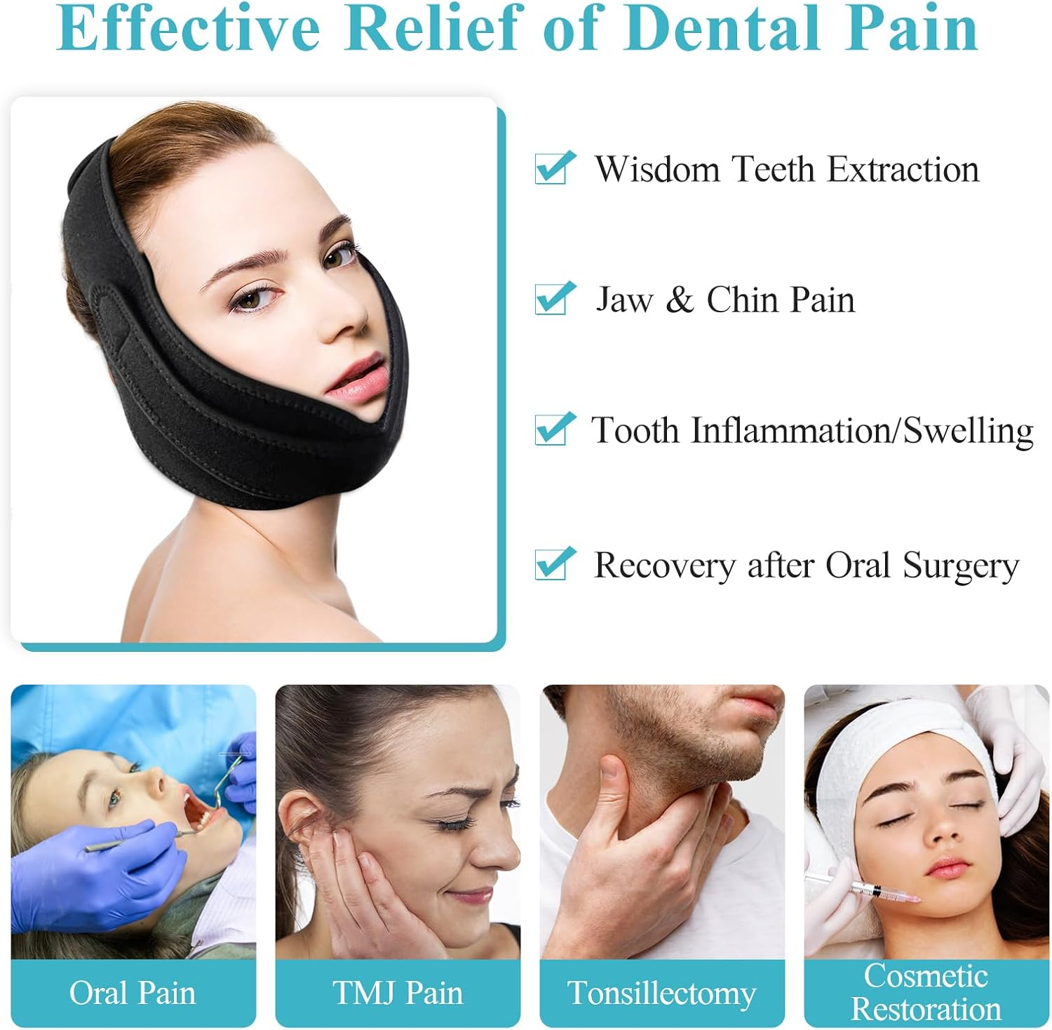 Vecozey Wisdom Teeth Ice Pack Head Wrap with Dual Compression Straps for Toothache, Face, Jaw, Chin, TMJ, Oral and Facial Surgery - 4 Reusable Hot & Cold Gel Packs for Injuries image number 4