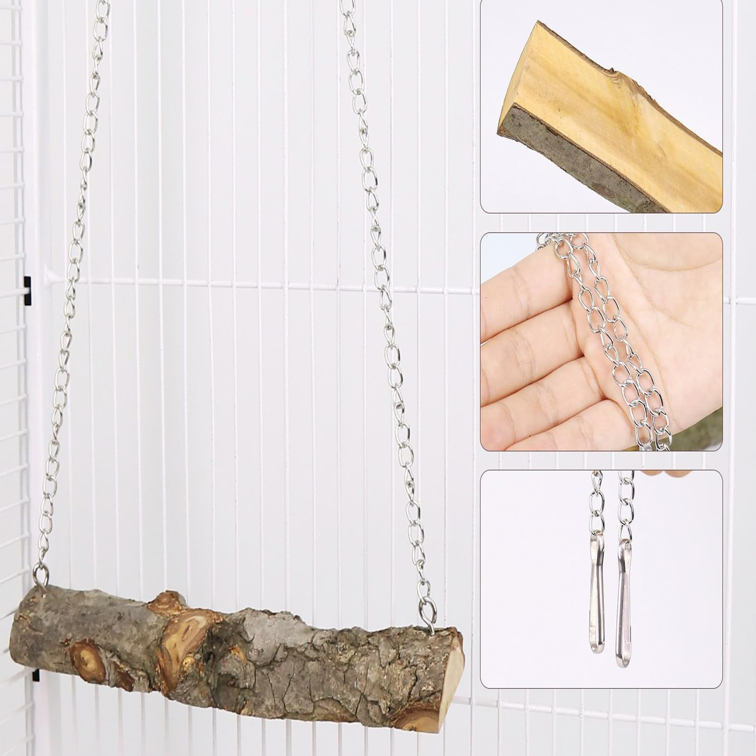 Lexziuo 1PCS Natural Wood Bird Cage Swing - Safe Chewing Perch Toy for Parakeets, Parrots & Cockatiels, Fun Training Stand with Wooden Beads for Budgies & Small Birds Interactive Play image number 5