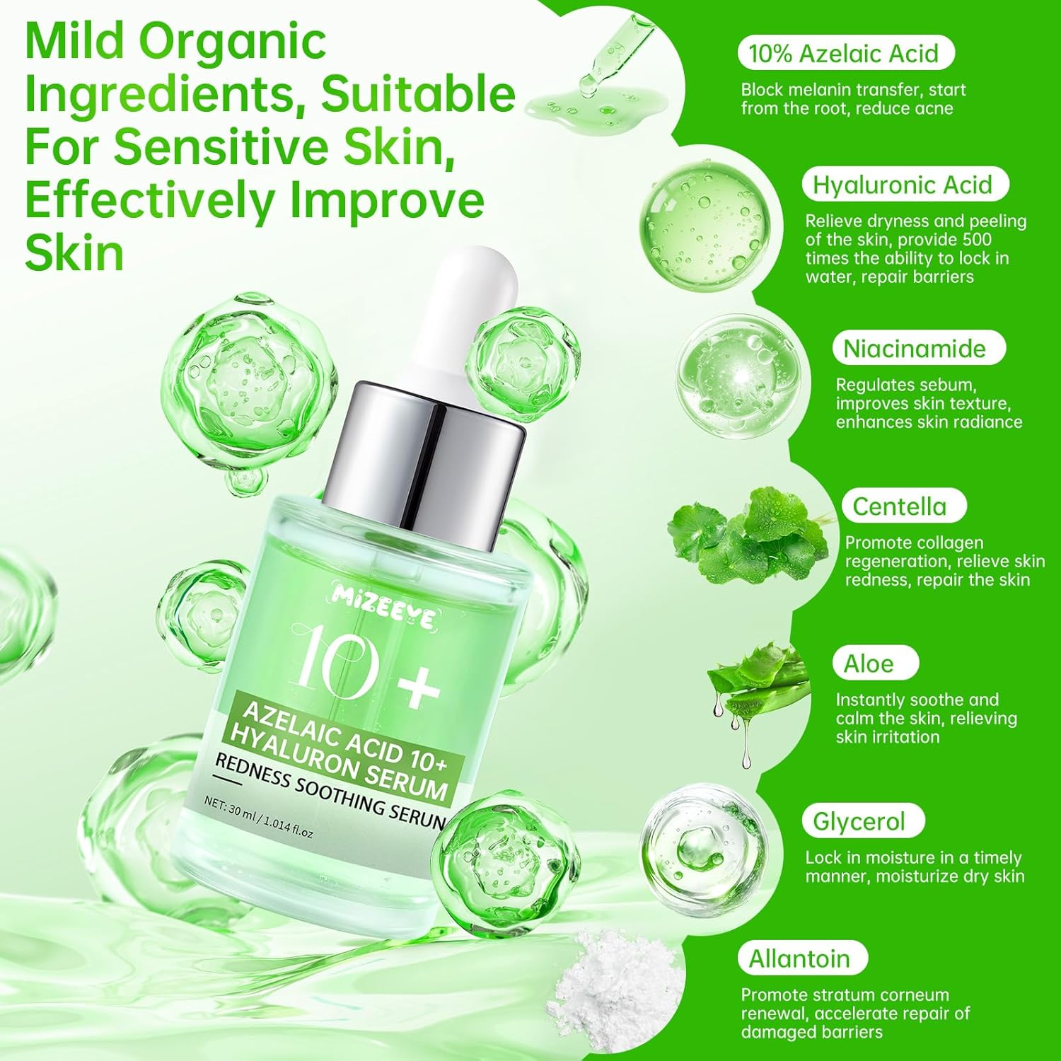 Azelaic Acid Serum for Face, Azelaic Acid 10 + Hyaluron Serum for Sensitive Skin, 30Ml Hyaluronic Acid Serum with Niacinamide for Acne & Spot Care, Redness Relief. image number 1