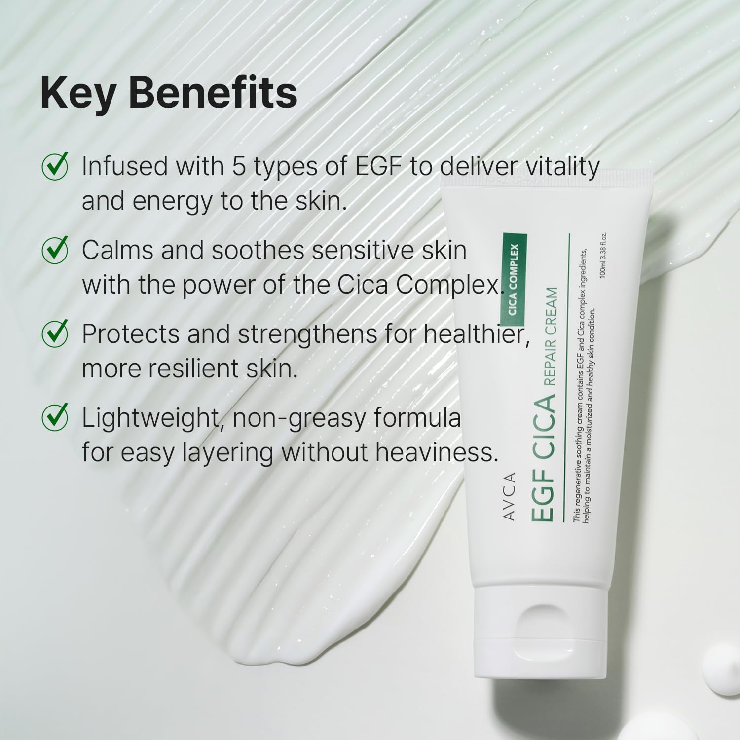 AVCA EGF Cica Repair Cream 100Ml &ndash; Fragrance-Free Moisturizer for Sensitive Skin with Centella & Aloe, Fast-Absorbing, Dermatologist Tested, K-Beauty image number 4