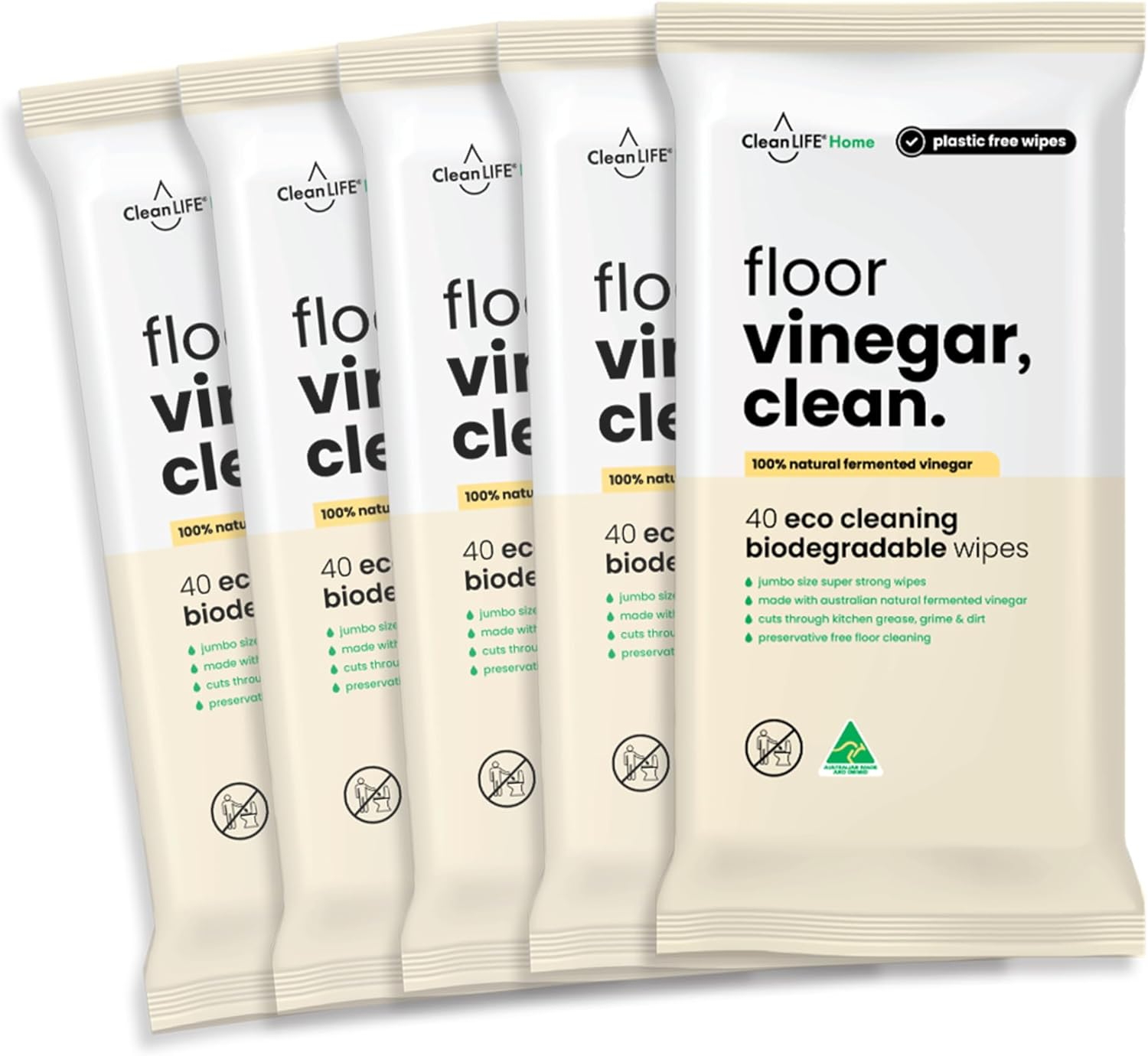 Cleanlife Floor Cleaning Wipes &ndash; Vinegar, Clean, 100% Natural Fermented Vinegar (9.99% Acetic Acid), Food Safe, Plant-Based, Preservative-Free, 40 Wipes, 5-Packs image number 3