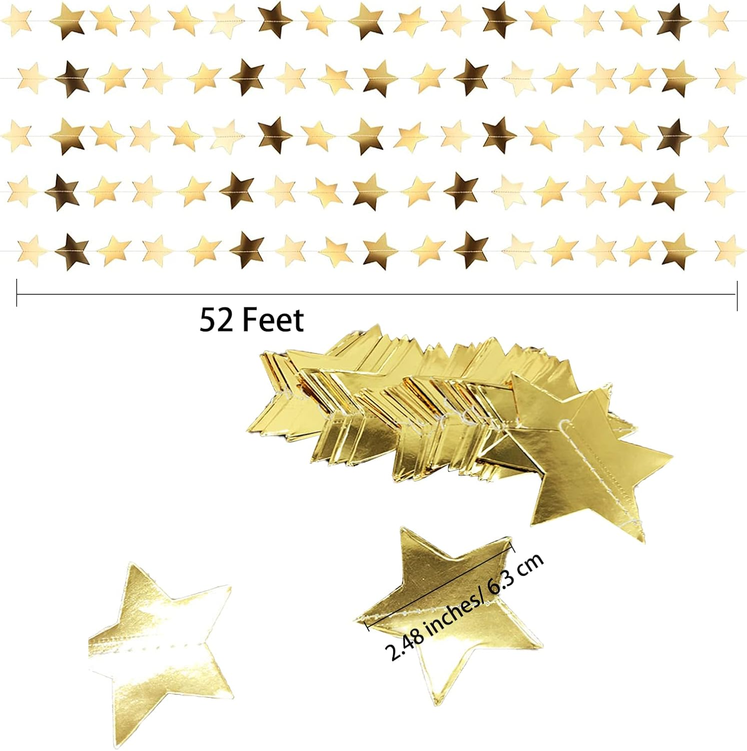 52 Feet Reflective Star Paper Garland, Sparkling Star Bunting Banner Hanging Decoration Twinkle Little Stars Party Garlands Glitter Stars Garland Streamer Kit for Birthday Wedding Banner Backdrop,Gold image number 4