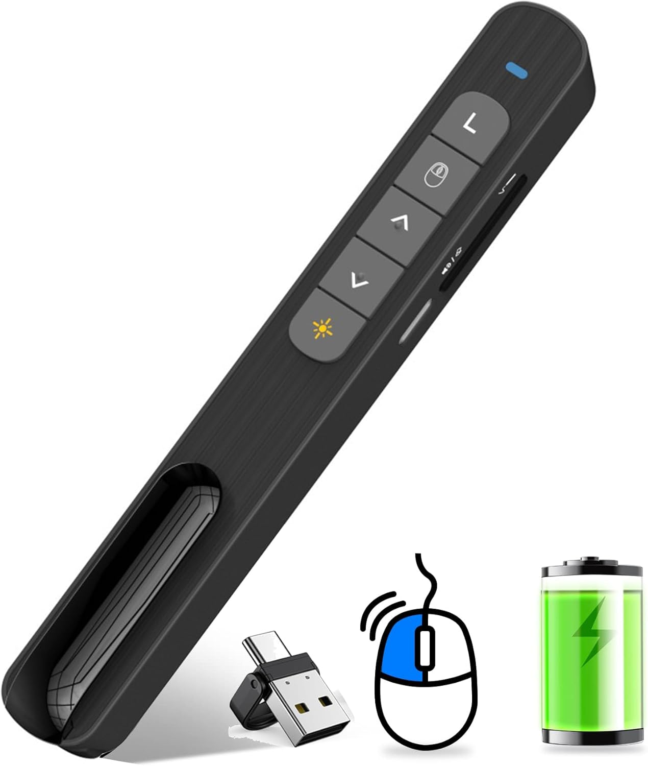 Wireless Presenter Remote with Air Mouse Control, Rechargeable USB Presentation Clicker PPT Pointer RF 2.4GZ Powerpoint Clicker Slide Advancer for Computer Laptop Mac, Red Light - Black image number 2