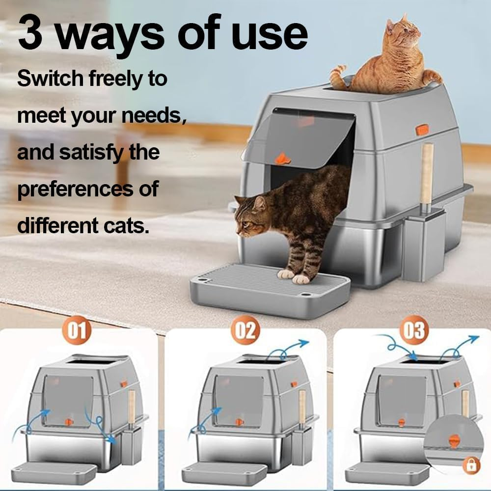 XXL Stainless Steel Cat Litter Box with Lid, Enclosed Metal Kitty Toilet, Front Entry & Top Exit, Scoop & Mat Included, Leak-Proof, Easy Clean image number 2