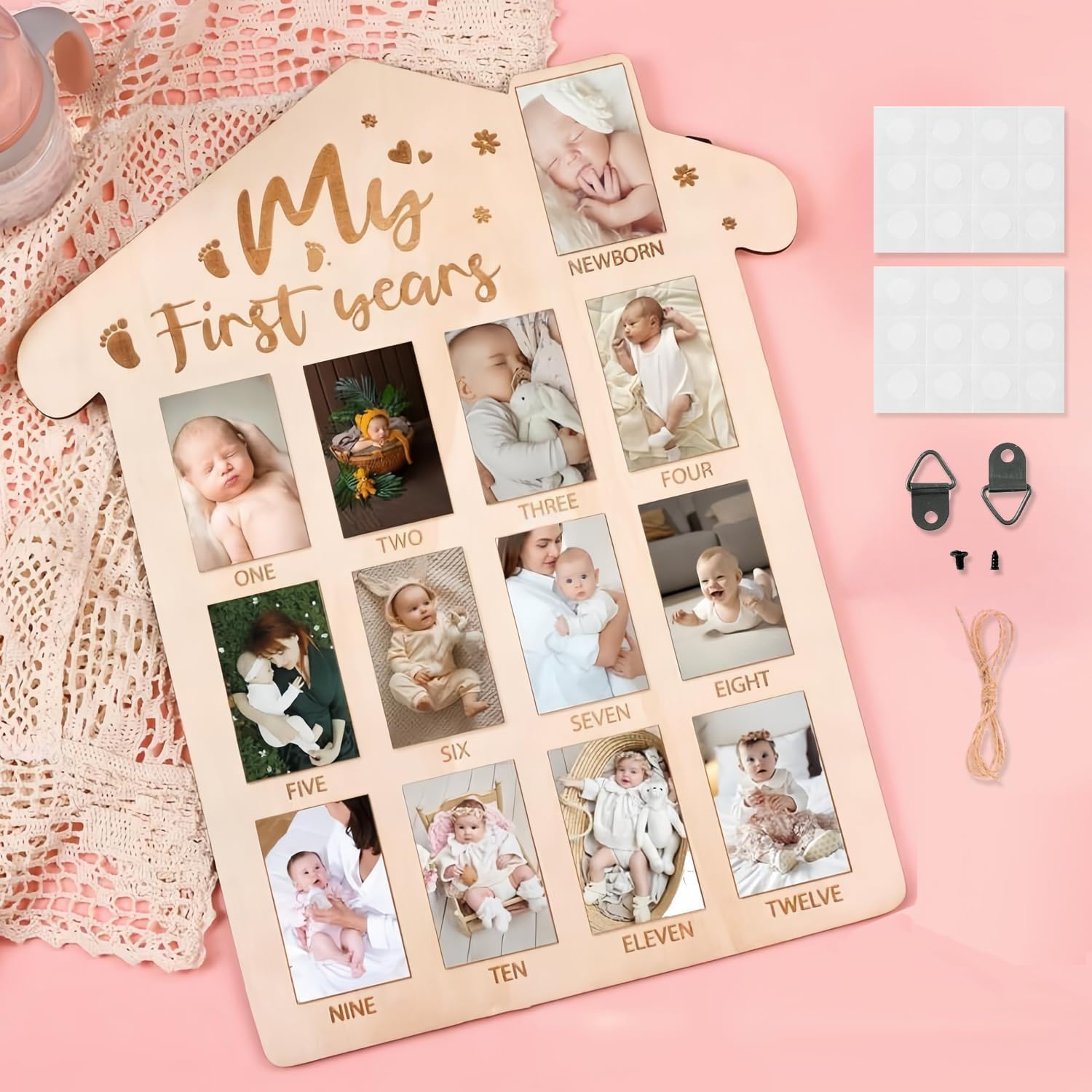 My First Year Photo Frame Board, Baby First Year Picture Frame 12 Months Milestone Display Wood Board Baby Keepsake 1St Birthday Nursery Decor 40&times;30Cm image number 5