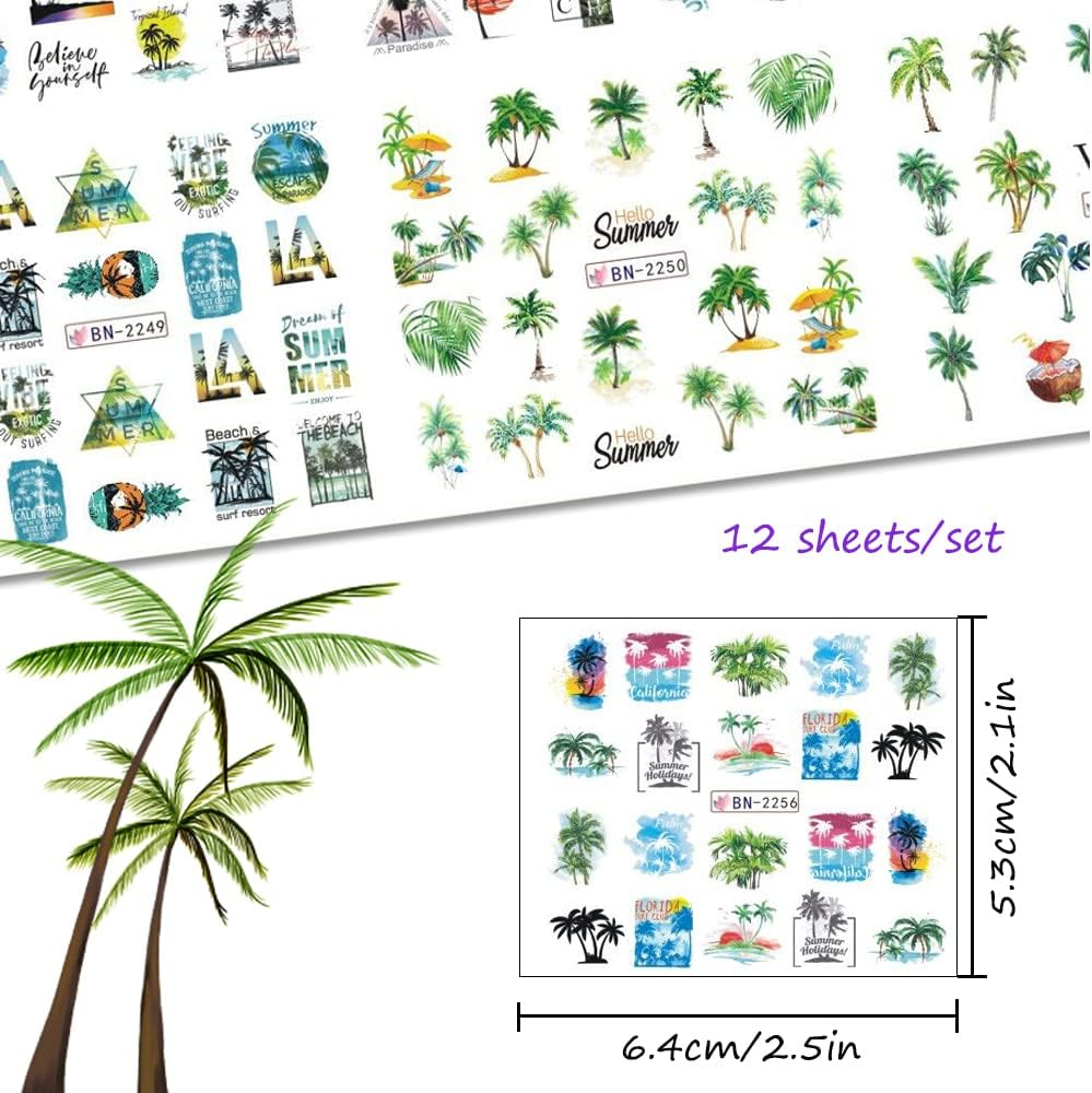 Summer Nail Stickers Coconut Palm Tree Nail Art Tropical Water Transfer Nail Decals 12 Sheets Beach Ocean 3D DIY Manicure Design Decor for Women Girl