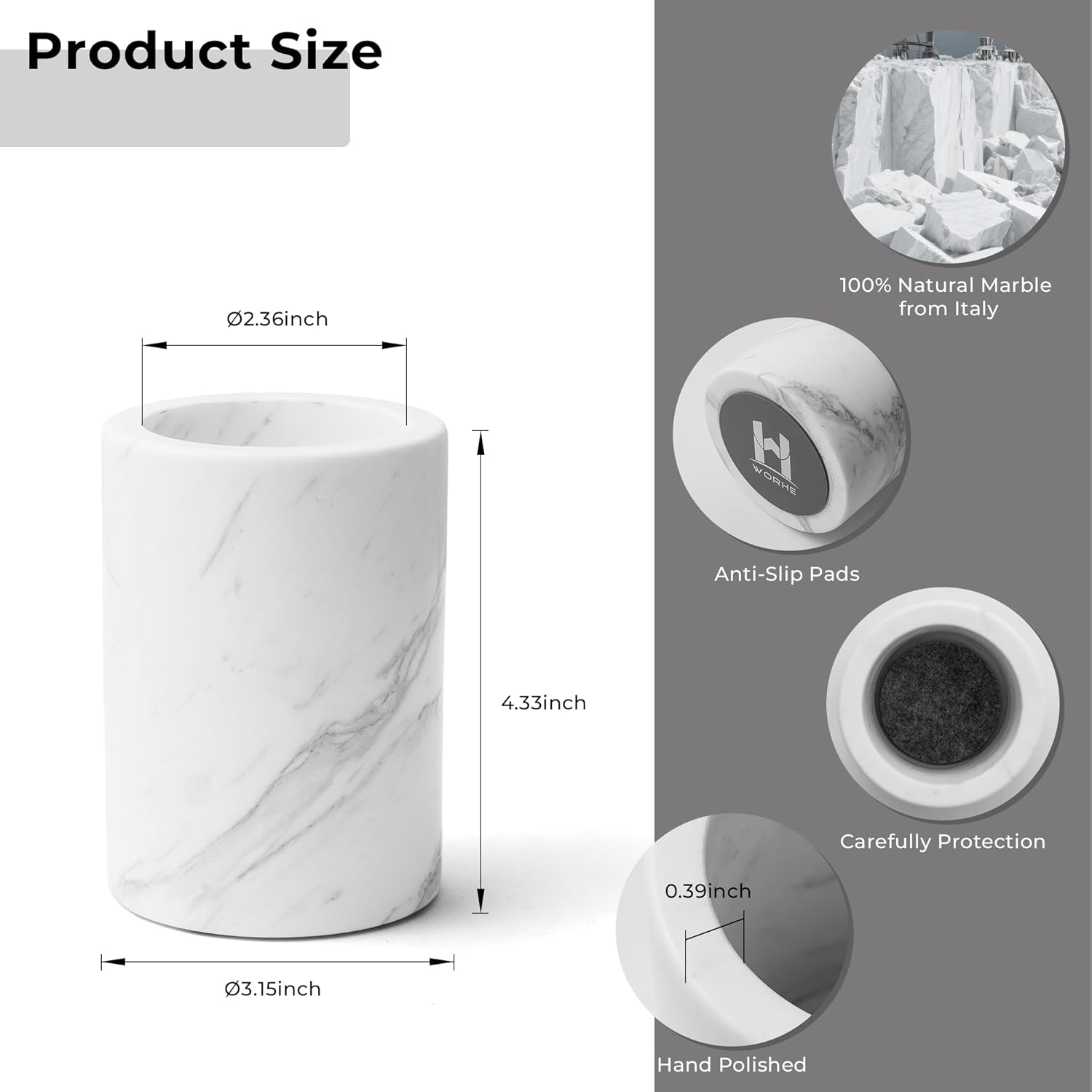 WORHE Natural Marble Pen Holder for Desk, Handcrafted Volakas Sturdy Desk Organizer for Office Supplies Storage Desktop Stationary Makeup Brushes Cup Pencil Holders for Home White (DL002)