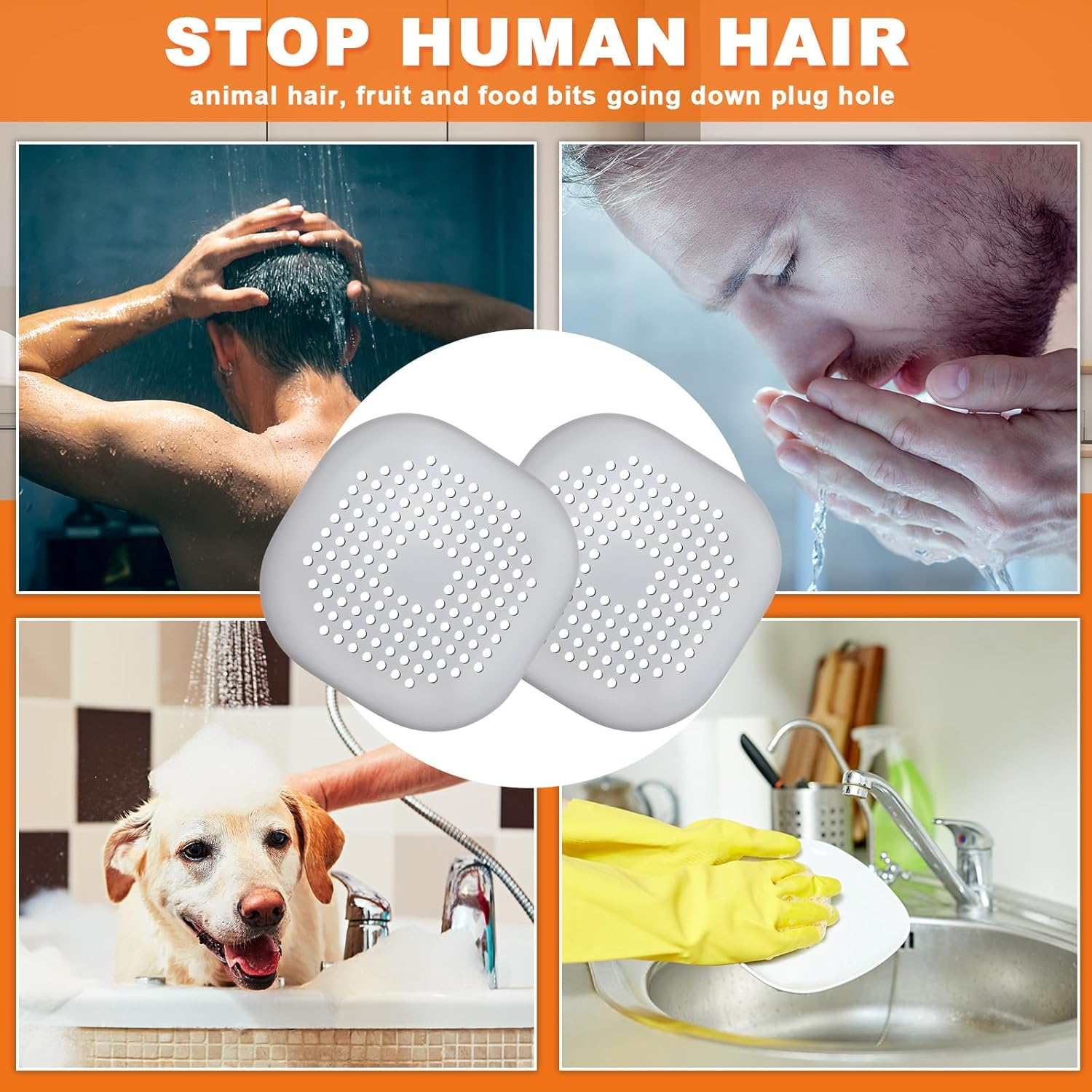 Flutesan 4 Pcs Hair Catchers Square Hair Drain Cover for Shower Bath Plug Sink Catcher Hair Soft Silicone Stopper with Suction Cup Easy to Install for Bathroom Bathtub, Kitchen, Floor Laundry (Gray) image number 1