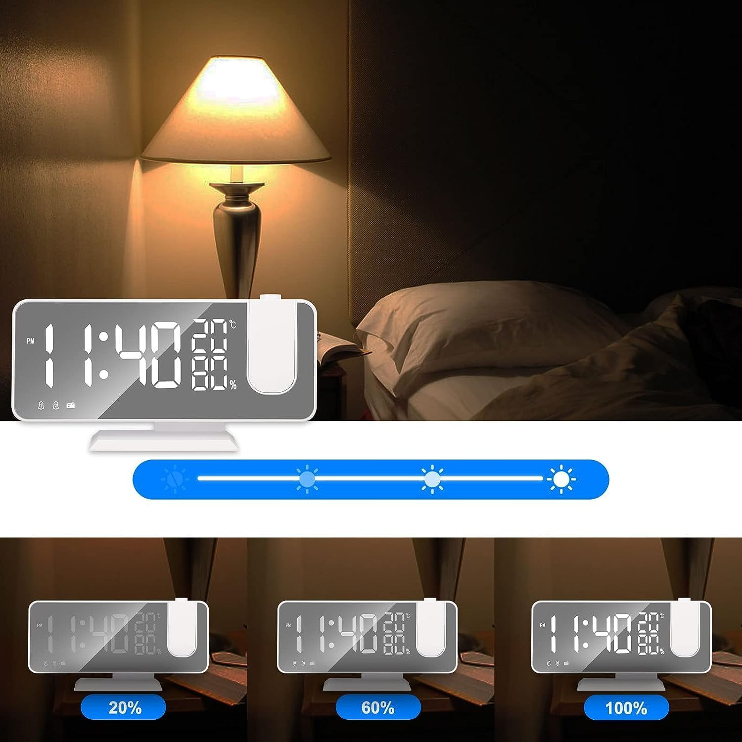 Projection Digital Alarm Clock for Bedroom, Beedove FM Radio Alarm Clock, Dual Alarm Clock with 3 Dimmer,Snooze,Timer,180&deg;Rotatable Ceiling Projection Alarm Clock for Home Decor, Desk, Office, White - White image number 3