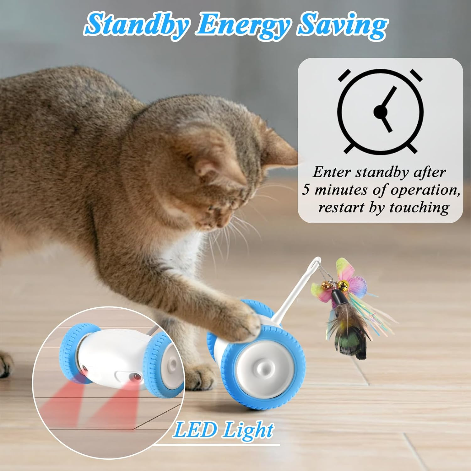 Interactive Cat Toys Automatic Feather Toy, Smart Pet Exersise Electric Toys with 2 PCE Feathers, Automatic Moving Wheels Cat Toys for Kitten Indoor image number 6