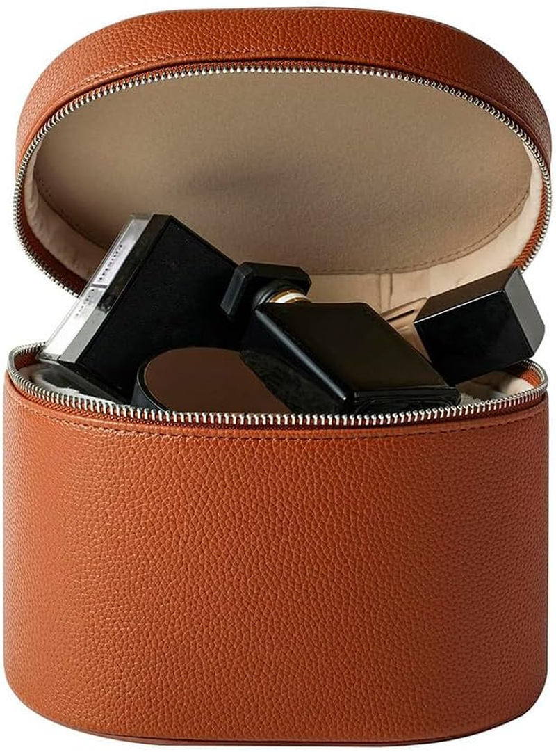 Makeup Bag with Handles, Premium round Leather Travel Cosmetic Organizer, Multi-Compartment Makeup Pouch for Women Girls (Khaki)