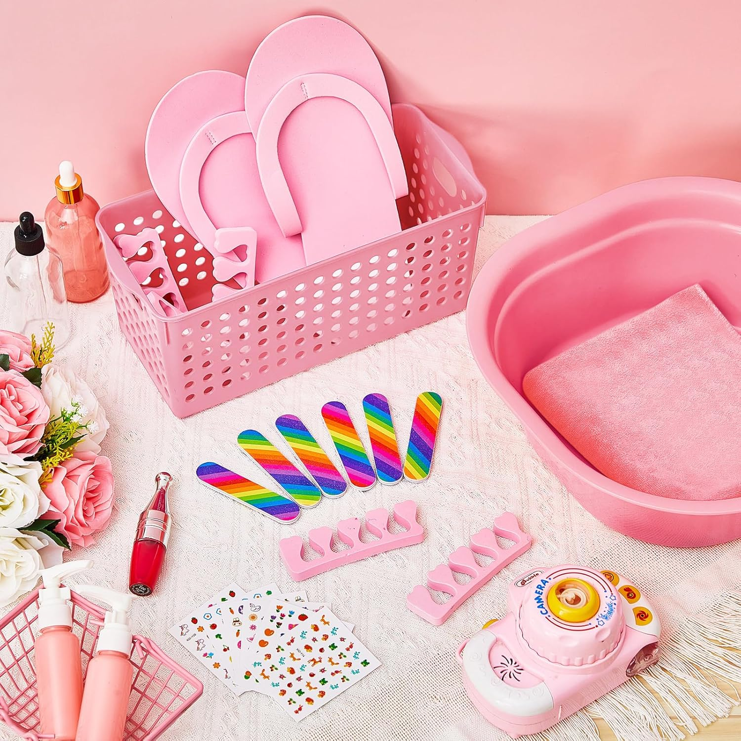 Mumufy 6 Sets Kids Foot Spa Kit for Girl Spa Party with Pink Washbasin Salon Towels Nail Kit for DIY Manicure and Pedicure Set with Foot Care for Sleepovers Slumber Party(Light Pink) image number 6