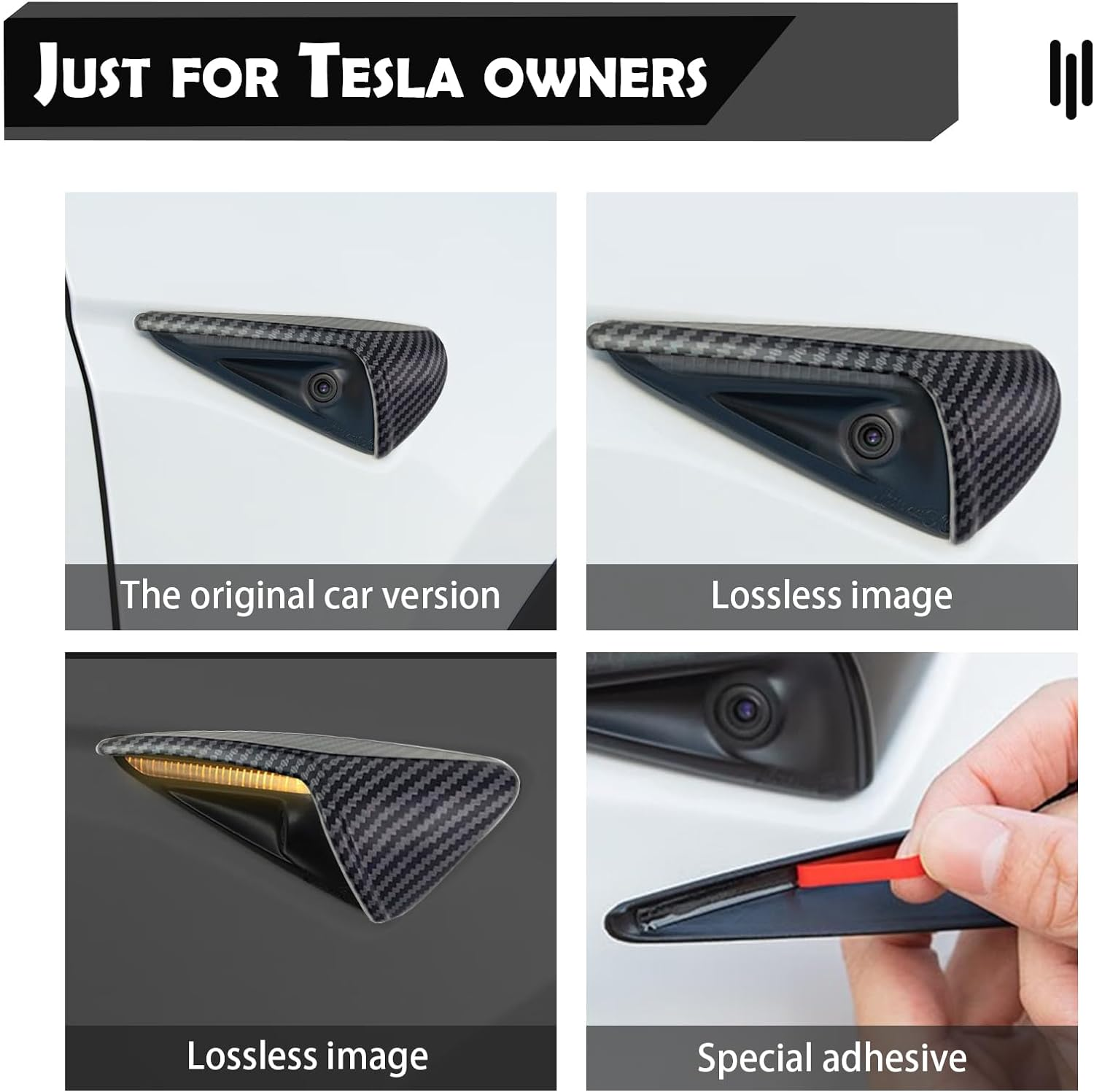 2 PCS Car Side Camera Protective Cover, Turn Signal Side Camera Indicator Light Decorative Sticker, Compatible with Tesla Model3/Y Protector Accessories (Carbon Fiber Black #Matte)