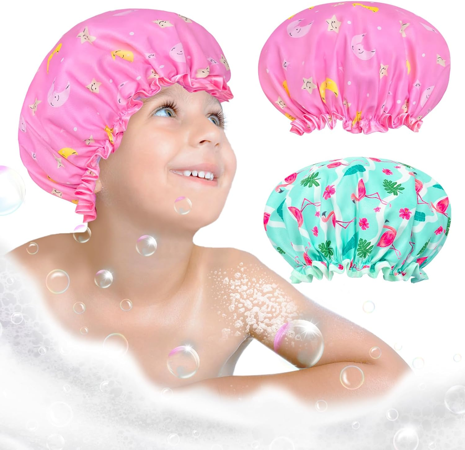 Pack of 2 Children'S Shower Caps, Elastic Band, Double Layers, Waterproof Shower Cap, Women'S Bath Cap, Women'S Shower Cap with Ruffled Edge, Cover Ears for Long, Short, Curly Hair image number 5