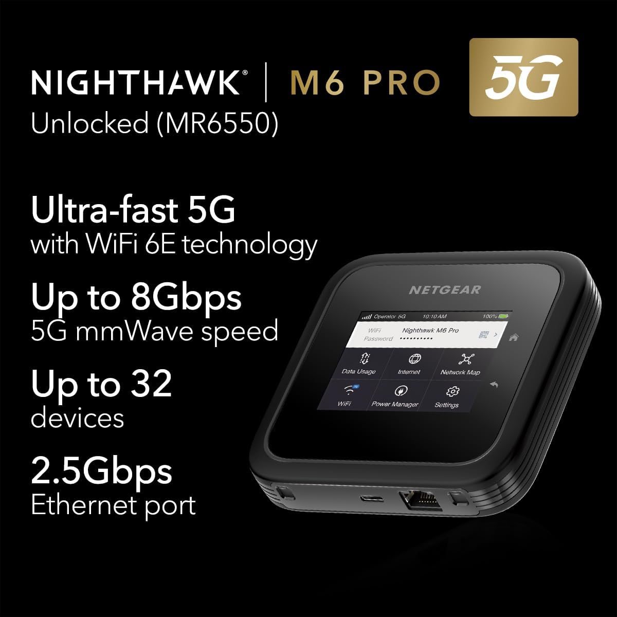 NETGEAR Nighthawk M6 Pro Mobile Hotspot 5G Mmwave, 8Gbps, Unlocked, Telstra, Optus, Vodafone, International Roaming 125 Countries, Wifi 6E, Portable Device for Travel, Modem Wireless Router (MR6550) image number 1
