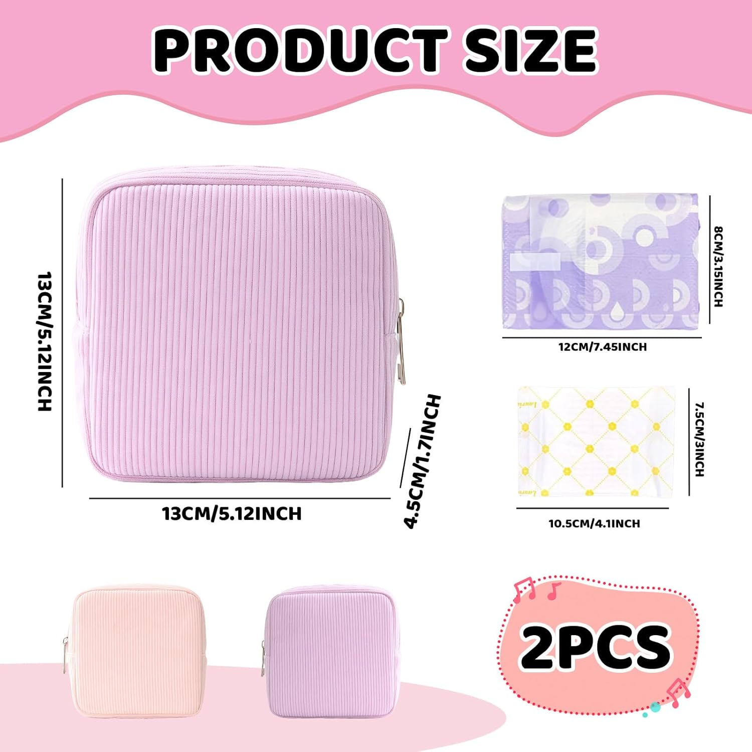 LUMOOM Pack of 2 Sanitary Towels Storage Tampon, Cosmetic Bag Small for Handbag Made of Corduroy, Sanitary Napkin Bag with Metal Zip, Make up Bag for Girls (Pink + Purple), Pink + Purple