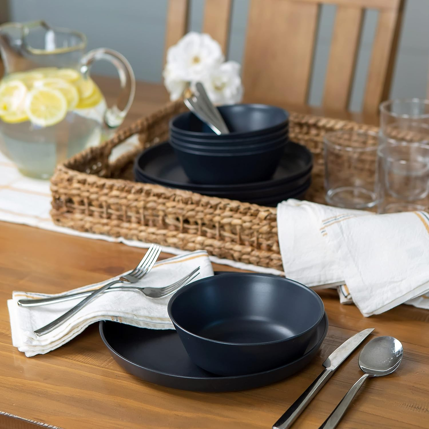 Grow Forward Premium Wheat Straw Plates and Bowls Sets - 8 Unbreakable Microwave Safe Dishes - Reusable Wheat Straw Dinnerware Sets - Plastic Plates and Bowls Alternative for Camping, RV - Midnight