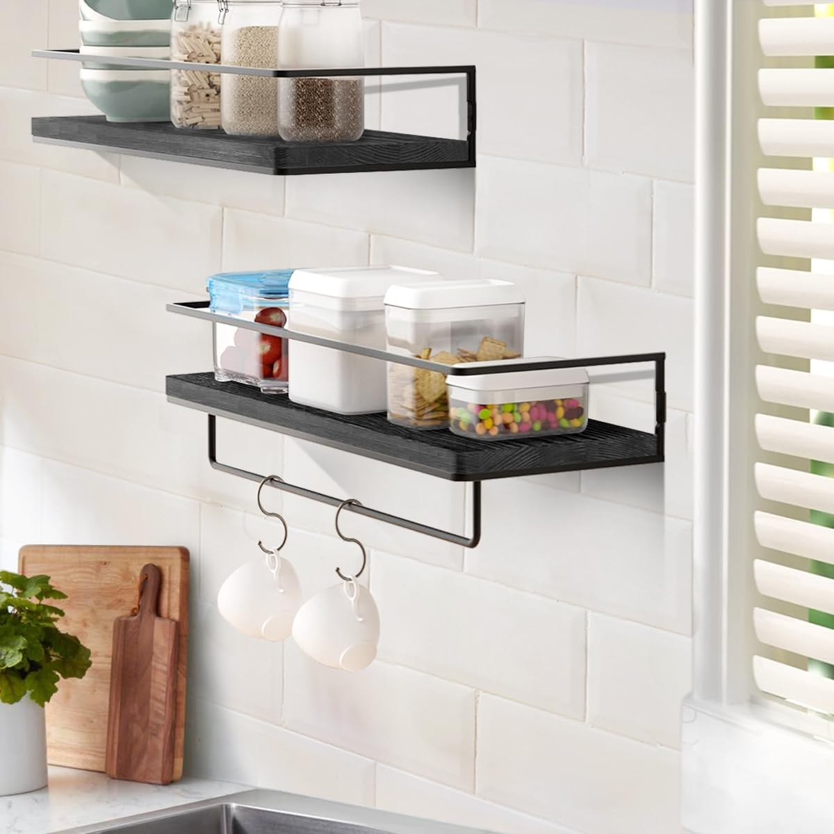 Delsol Floating Shelves for Wall, Wall Mounted Storage Shelves Set of 2 with Black Metal Frame, Towel Rack for Bathroom, Bedroom, Living Room, Kitchen, Office (Black) image number 1