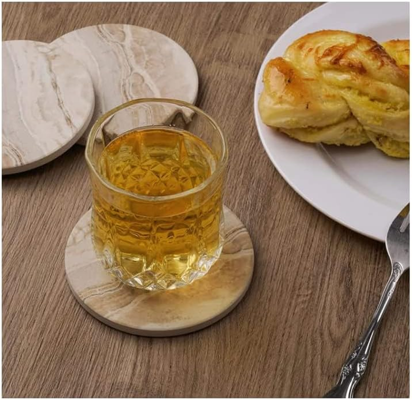 QYINXIU Drink Coasters with Holder, Absorbent Coaster Sets of 6, Marble Style Ceramic Drink Coaster for Tabletop Protection,Suitable for Kinds of Cups, Wooden Table, Cool Home Decor, 4 Inches (Beige) image number 4