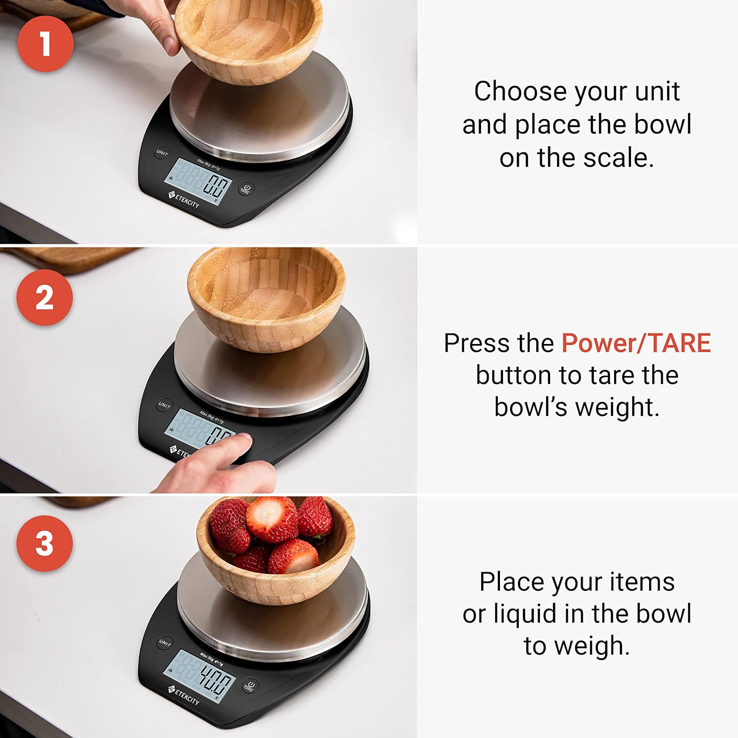 Etekcity 0.1G Food Scale, Bowl, Digital Grams and Ounces for Weight Loss, Dieting, Baking, Cooking, and Meal Prep, 11Lb/5Kg, Stainless Steel Black - Stainless Steel-Silver image number 6