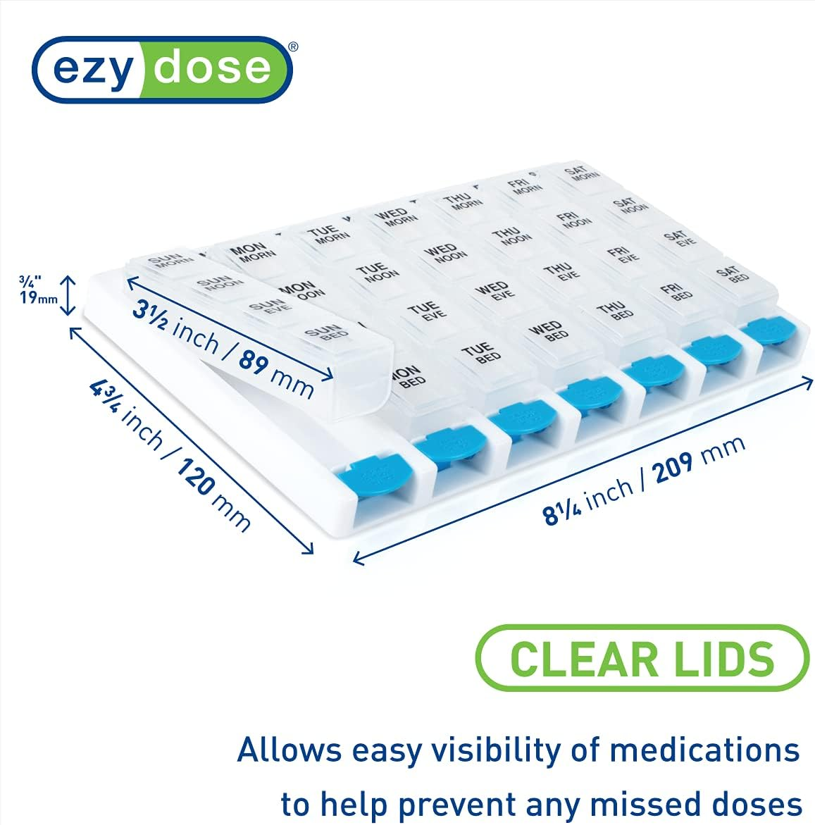 Ezy Dose Weekly (7 Day) 4 Times a Day Push Button Pill Organizer and Vitamin Planner │ Removable Daily Pillboxes | Patented Design | Assorted Colors
