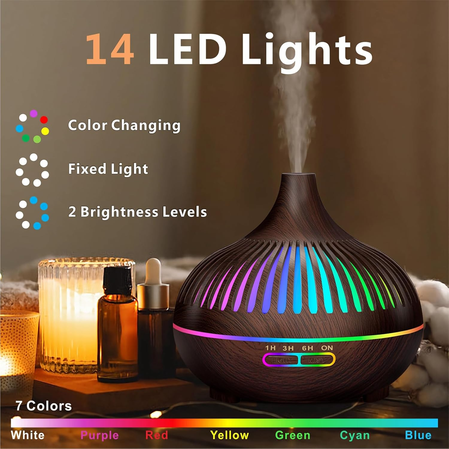 Essential Oil Diffuser, Sunfuny 550Ml Aromatherapy Diffuser Air Humidifier with Remote Control, Aroma Oil Vaporiser, Ultrasonic Fragrance Defuser with RGB LED Light, Xmas Gift (Hollow Dark Wood Grain) image number 2