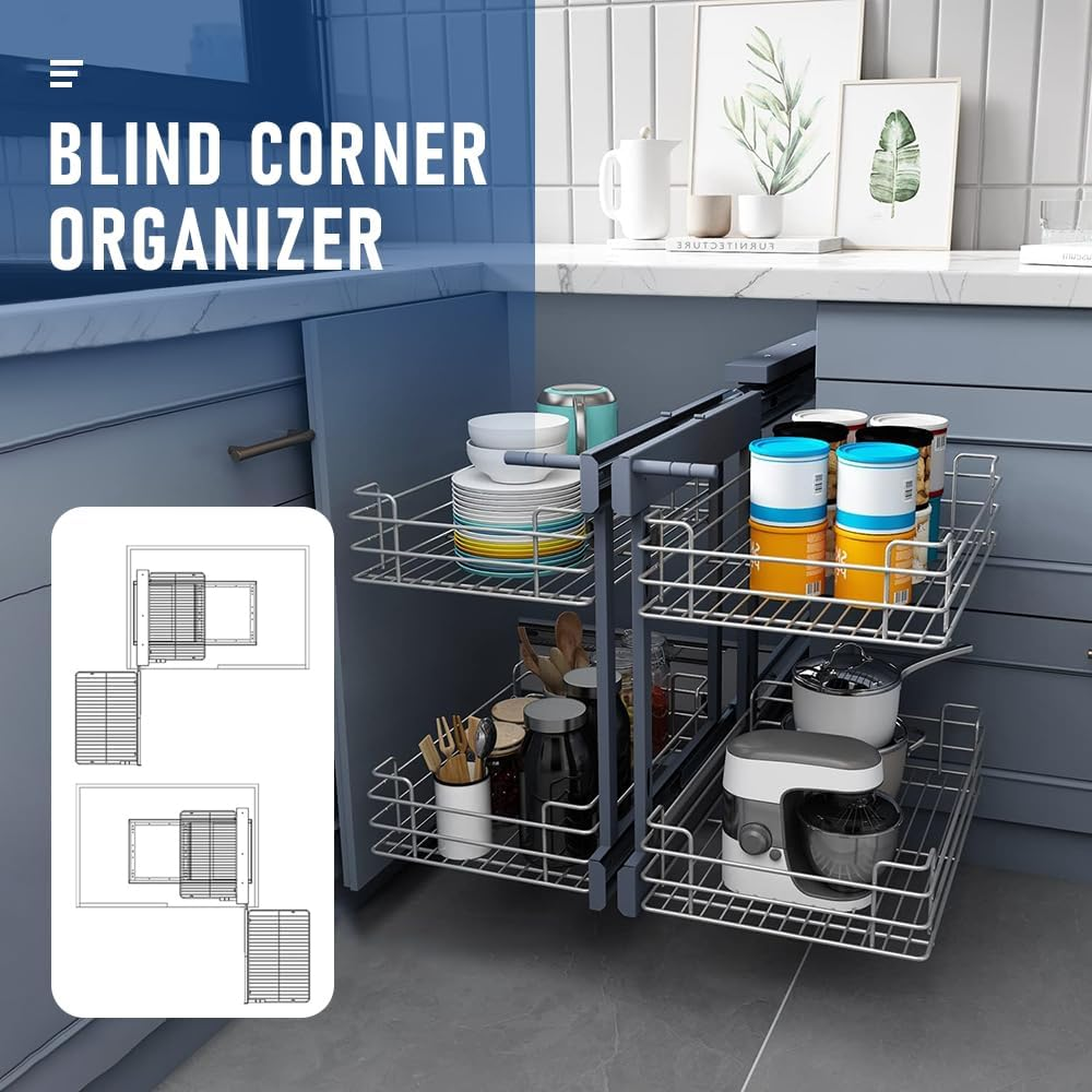 Blind Corner Cabinet for 31.5" Cabinet, Slide Out Kitchen Cabinet Shelf Pull Out Kitchen Pantry Corner Organizer Soft Close 2 Tier Pull Out Basket Bottom Mount image number 4
