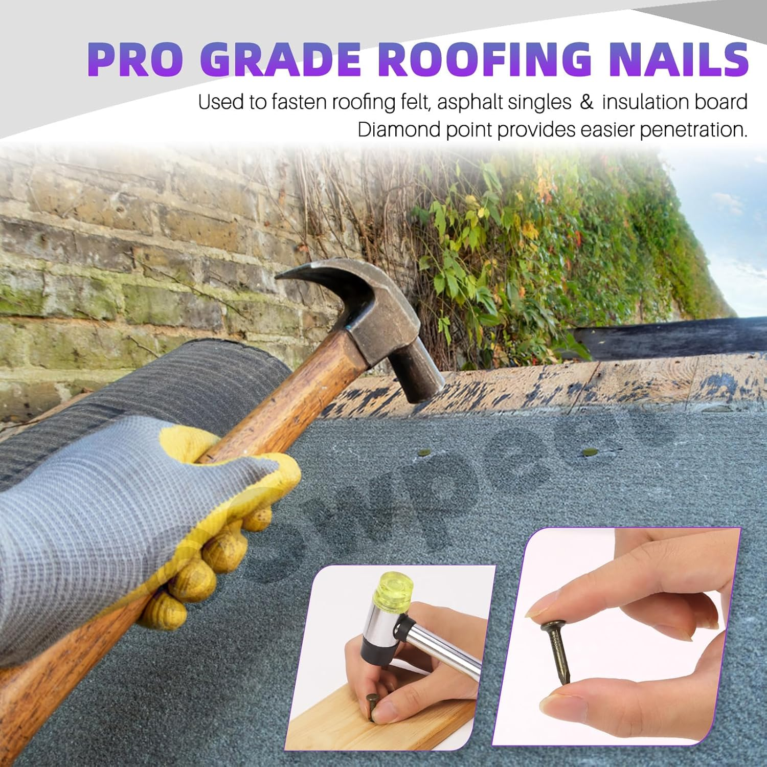 Swpeet 400Pcs 3 Sizes 3/4'' 1'' 1-1/4'' Roofing Felt Lacquered Nails Assortment Kit, Steel Roofing Felt Lacquered Nails Used to Fasten Roofing Felt, Asphalt Shingles and Insulation Board image number 6