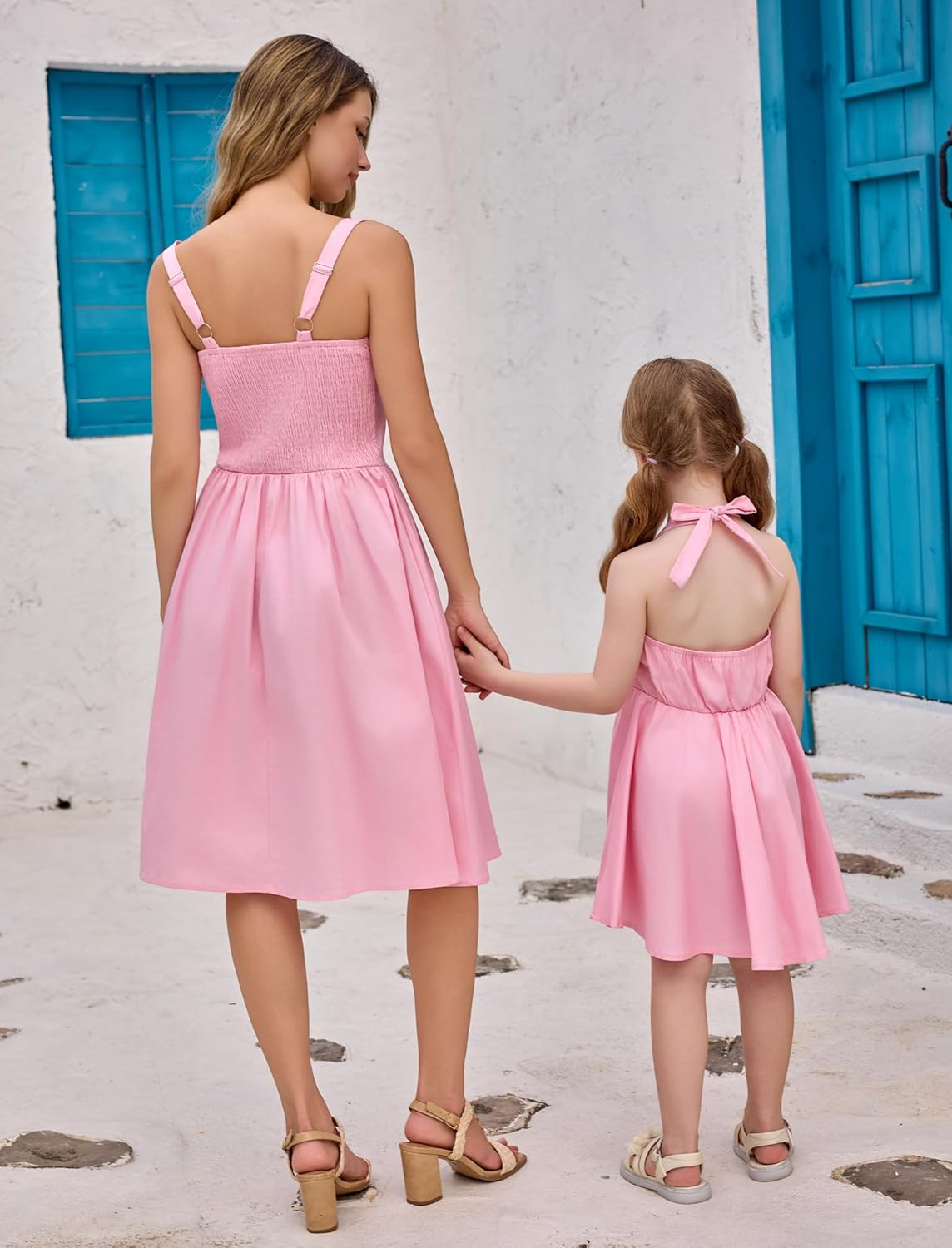 AWIBMK Mommy and Me Vintage Dress Bowknot Sweetheart Neck Smocked Back A-Line Mother Daughter Tea Party Holiday Dresses image number 2