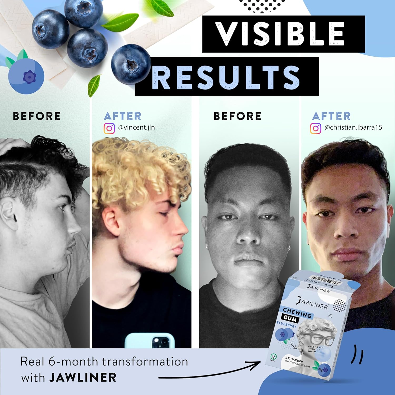 Jawliner&reg; Hard Jawline Chewing Gum - Sugar Free Blueberry Tough Jaw Gum - Jaw Exerciser Strong Mewing Jawline Mistic Gum - 2X Harder than Regular Chewing Gum 130 Grams (48 Strips) image number 2