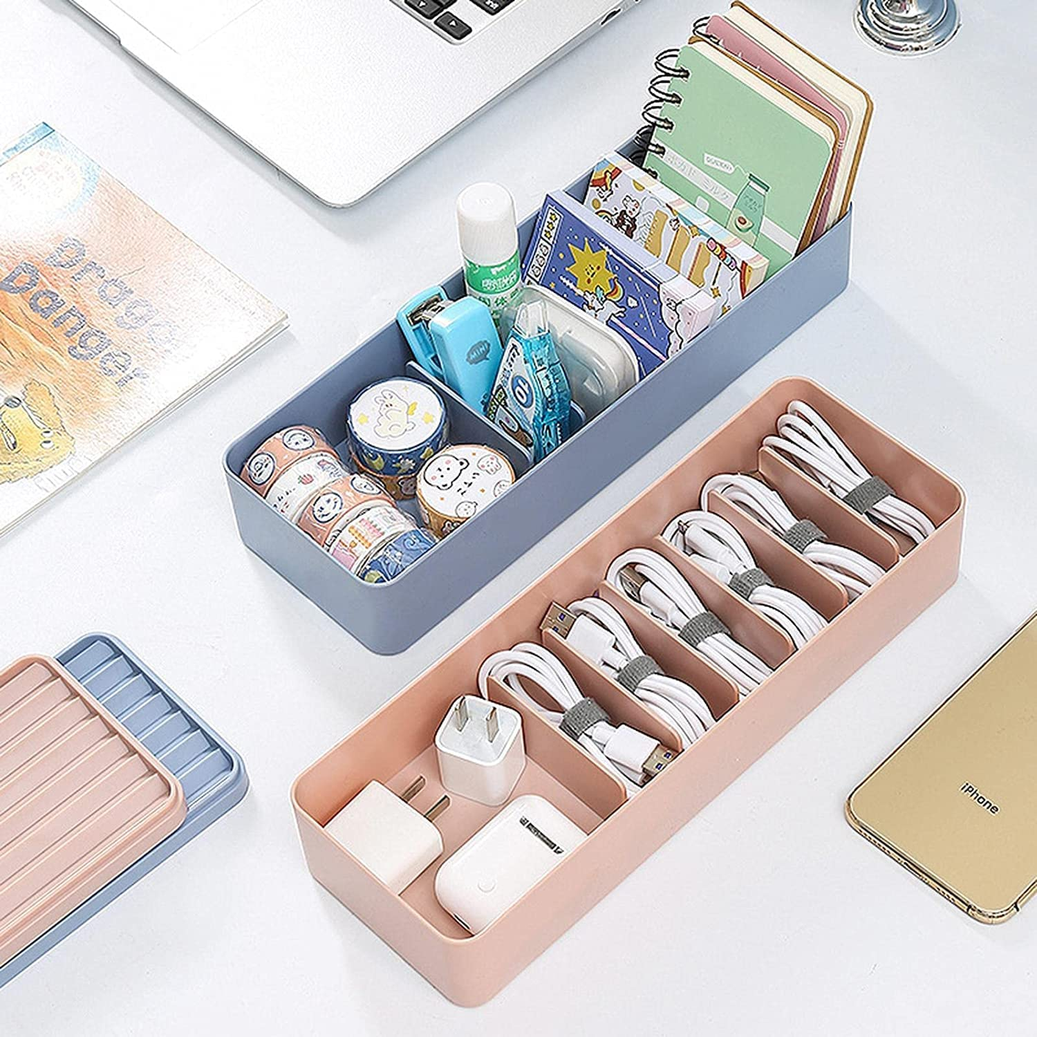 Cable Storage Box, Power Cord Organizer, Cable Management Case, USB Cord Sorter with Lid & 7 Compartments 10 Wire Ties Desk Accessories Storage for Office Stationery Supplies, Makeup Box (Blue) image number 6