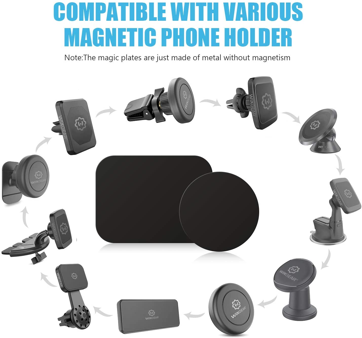 Mount Metal Plate with Adhesive for Magnetic Cradle-Less Mount by Wixgear - X4 Pack 2 Rectangle and 2 round (Compatible with Magnetic Mounts) (Black) image number 4