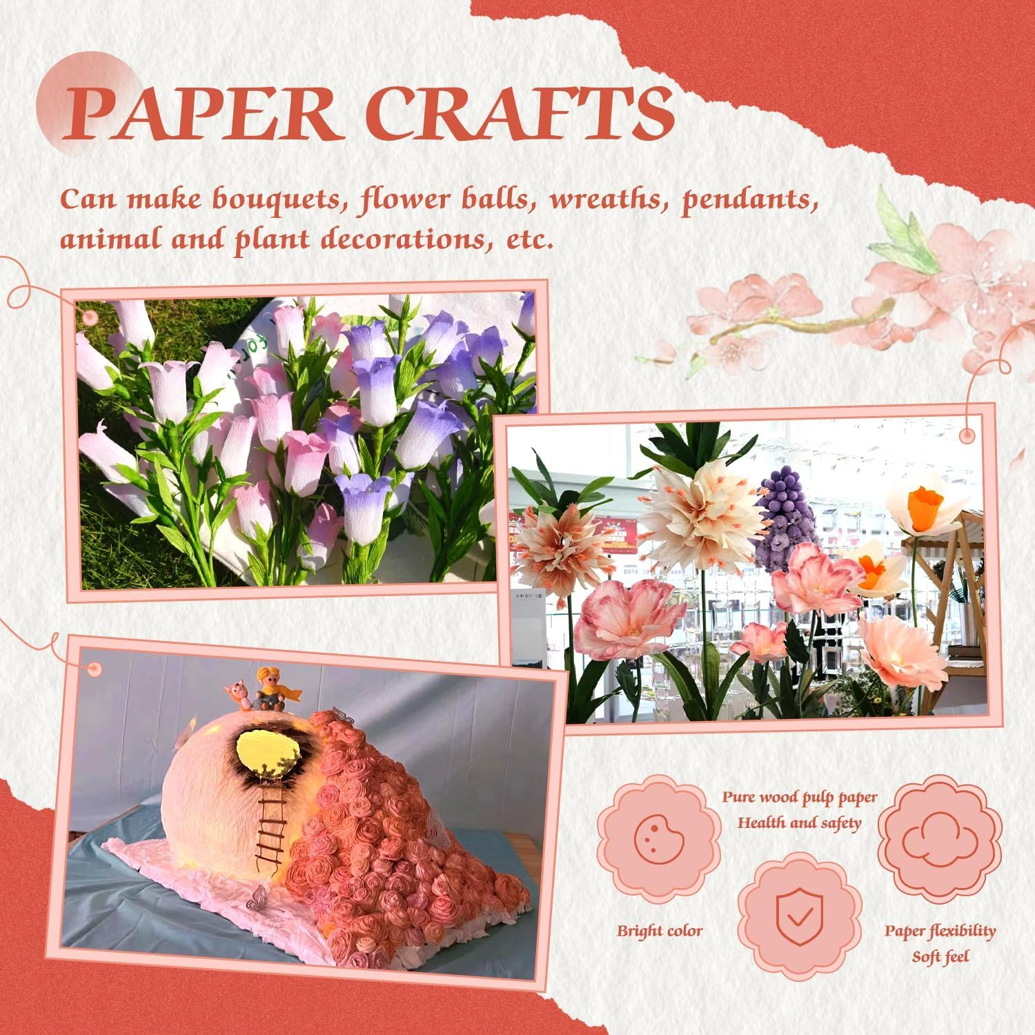 Crepe Paper - 6 Rolls, Red, 10 Inch Wide, Streamers, Flower Making Kits, Green Floral Tape and Floral Stem Wire for Wedding, Festival, Party, DIY Flower Crafts image number 5