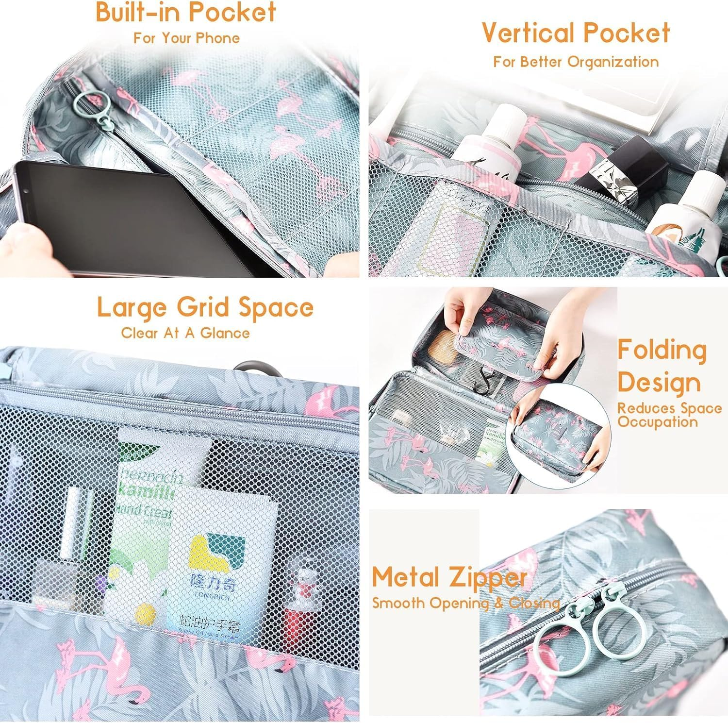 Niwlix Toiletry Bag for Women, Travel Kit and Accessories Organizer, Travel Essentials, Grey Flamingo, Travel Accessories - Black Flamingo image number 2