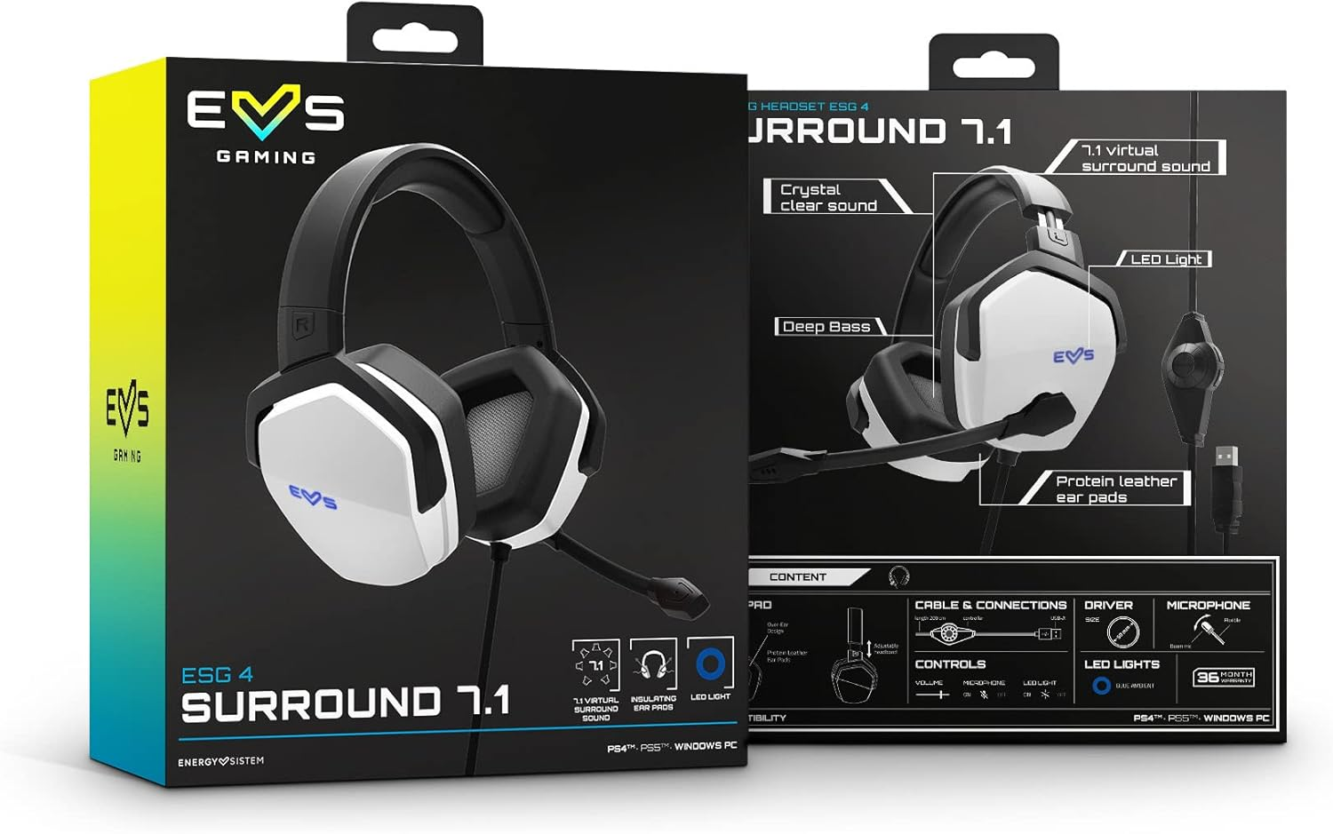 Energy Sistem Gaming Headset ESG 4 Surround 7.1 White (Headphones LED Lighting, 7.1 Surround Sound, Ear-Comprehensive Leather Ear Pads) - White - Esg 4 White image number 2