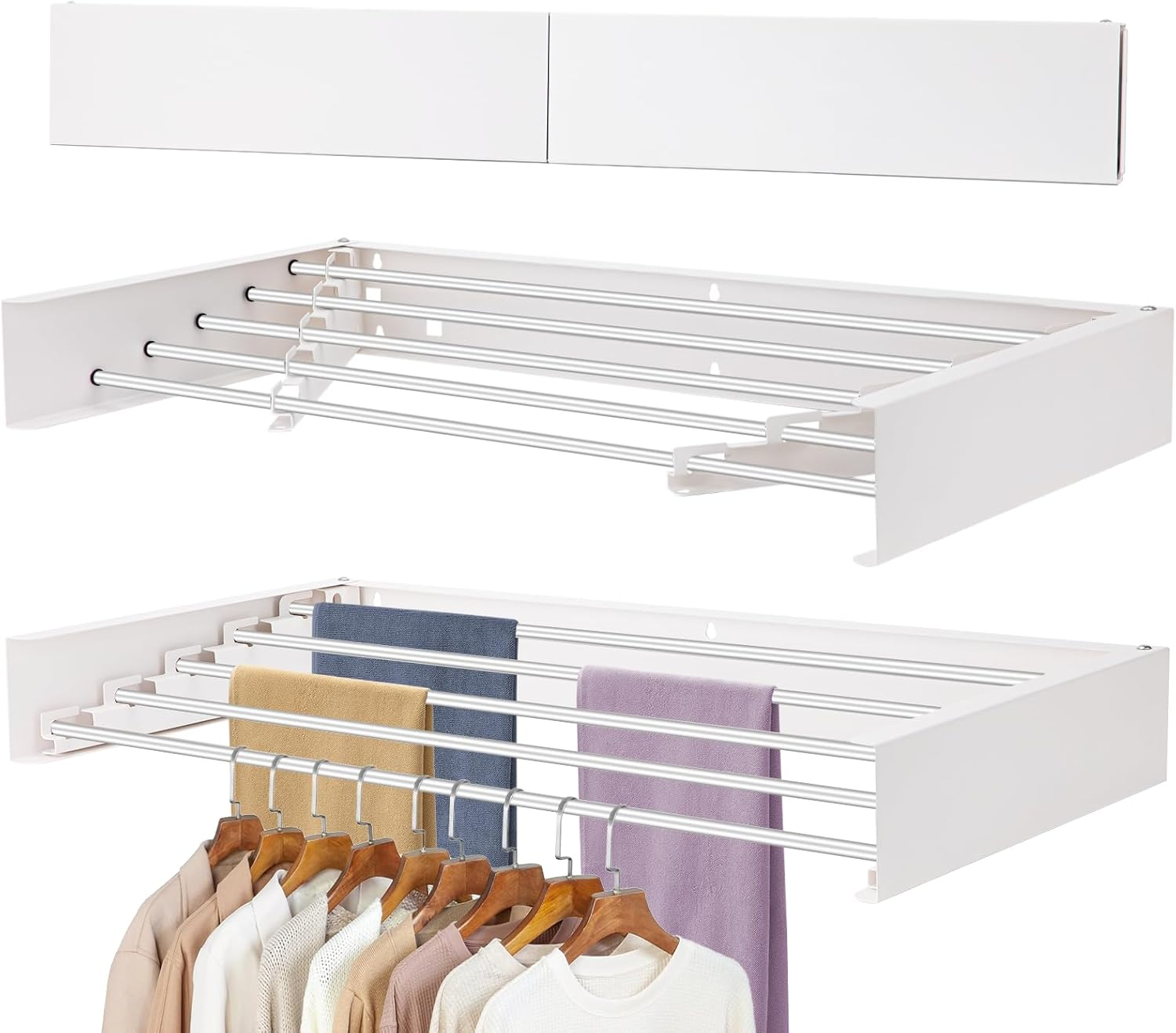 Aubeco Wall Mounted Drying Rack, Foldable Laundry Racks for Clothing, Towel, 5 Stainless Steel Rods, 31.5Inch, White image number 5