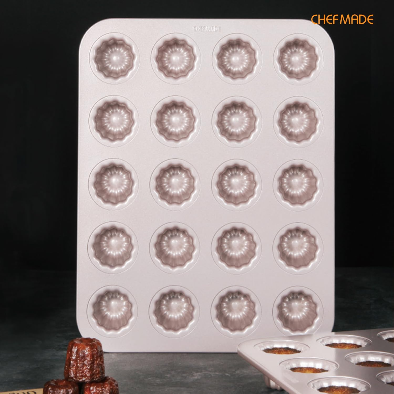 CHEFMADE Mini Canele Mold Cake Pan, 20-Cavity Non-Stick Mini Canele Muffin Bakeware Cupcake Pan for Oven Baking (Champagne Gold), (Gold-Bake-Wk9952)