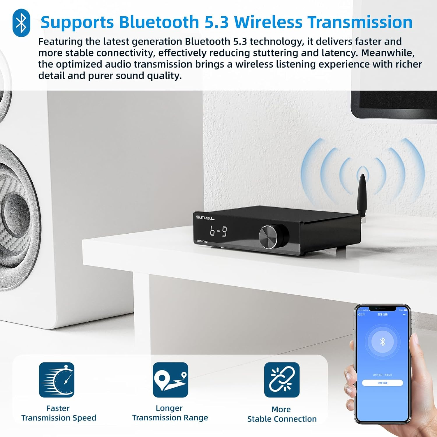 SMSL DA100 Audio Amplifier 2 Channel Passive Subwoofer Bluetooth 5.3/Usb/Optical/Hdmi(Arc)/Line-In Input 100W Bass Output Power AMP 2*TAS5827 for Desktop Home Theater Bookshelf Tower Passive Speakers