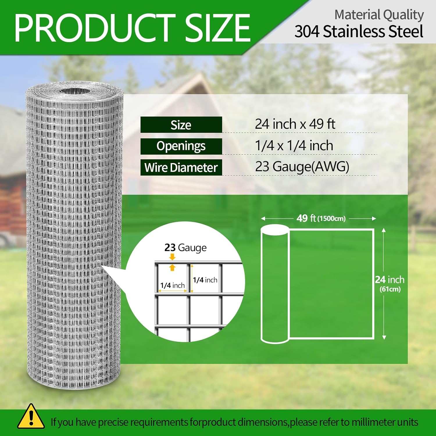 Hardware Cloth 1/4 Inch 23 Gauge Large Size 304 Stainless Steel Mesh Chicken Wire Welded Fencing Wire Mesh Roll Garden Fence 24In&times;49Ft image number 5