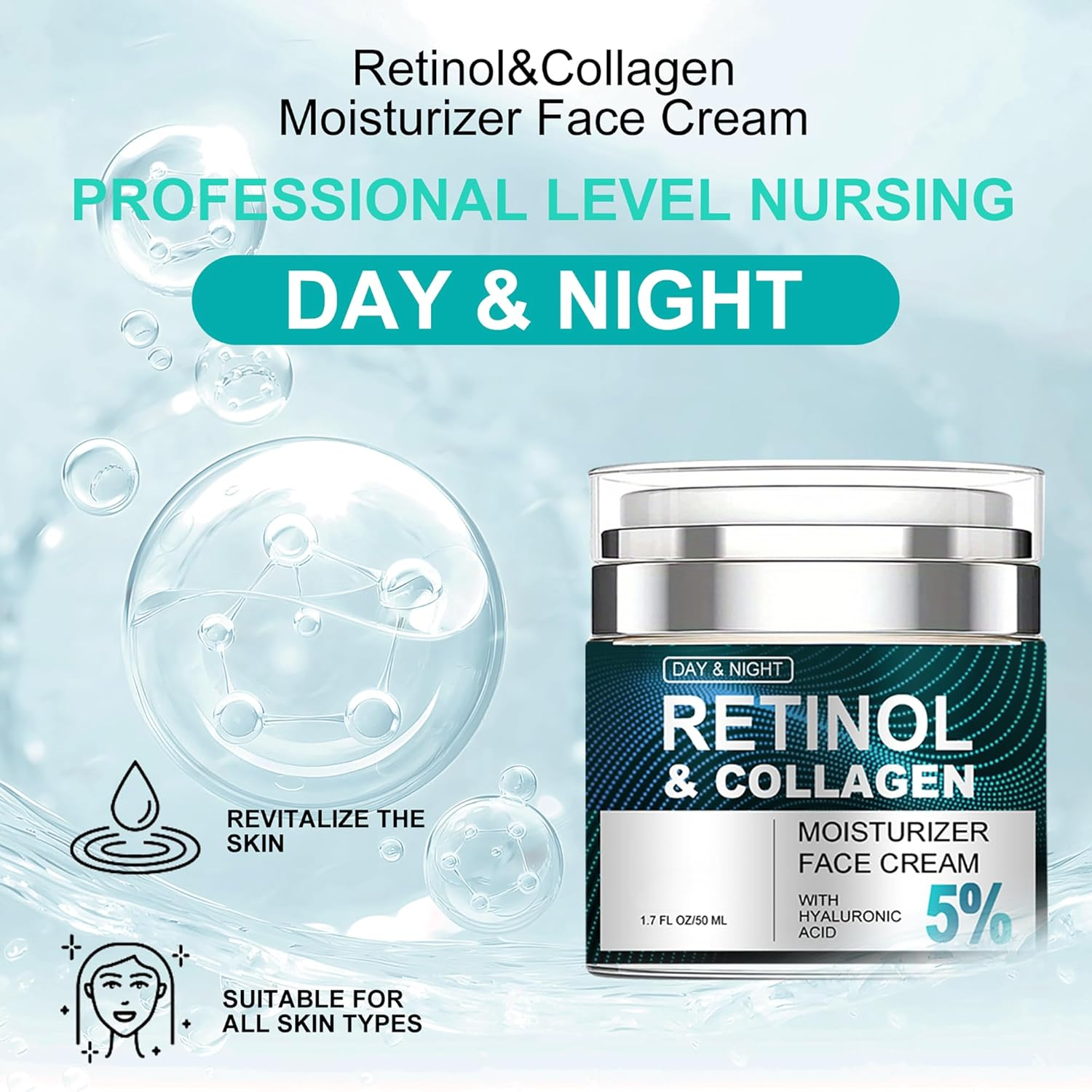 Retinol & Hyaluronic Acid Cream for Face(2Pcs) - Anti-Aging Moisturizer Day & Night,Deep Hydration to Reduce Wrinkles,Fine Lines & Dryness,Firming Skin Care with Collagen for Women & Men image number 1